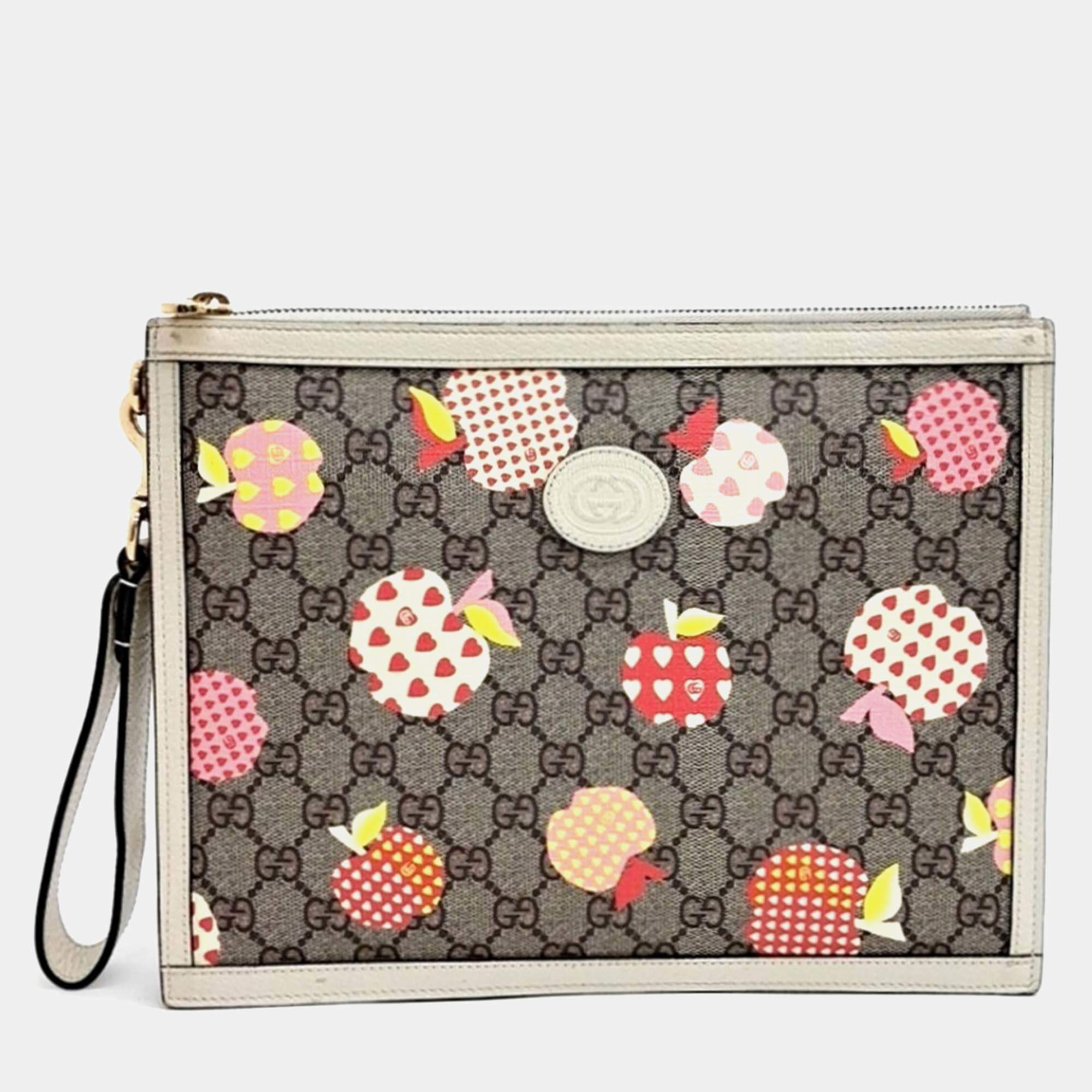 Pre Owned Gucci Beige Brown Coated canvas Les Pommes Pouch