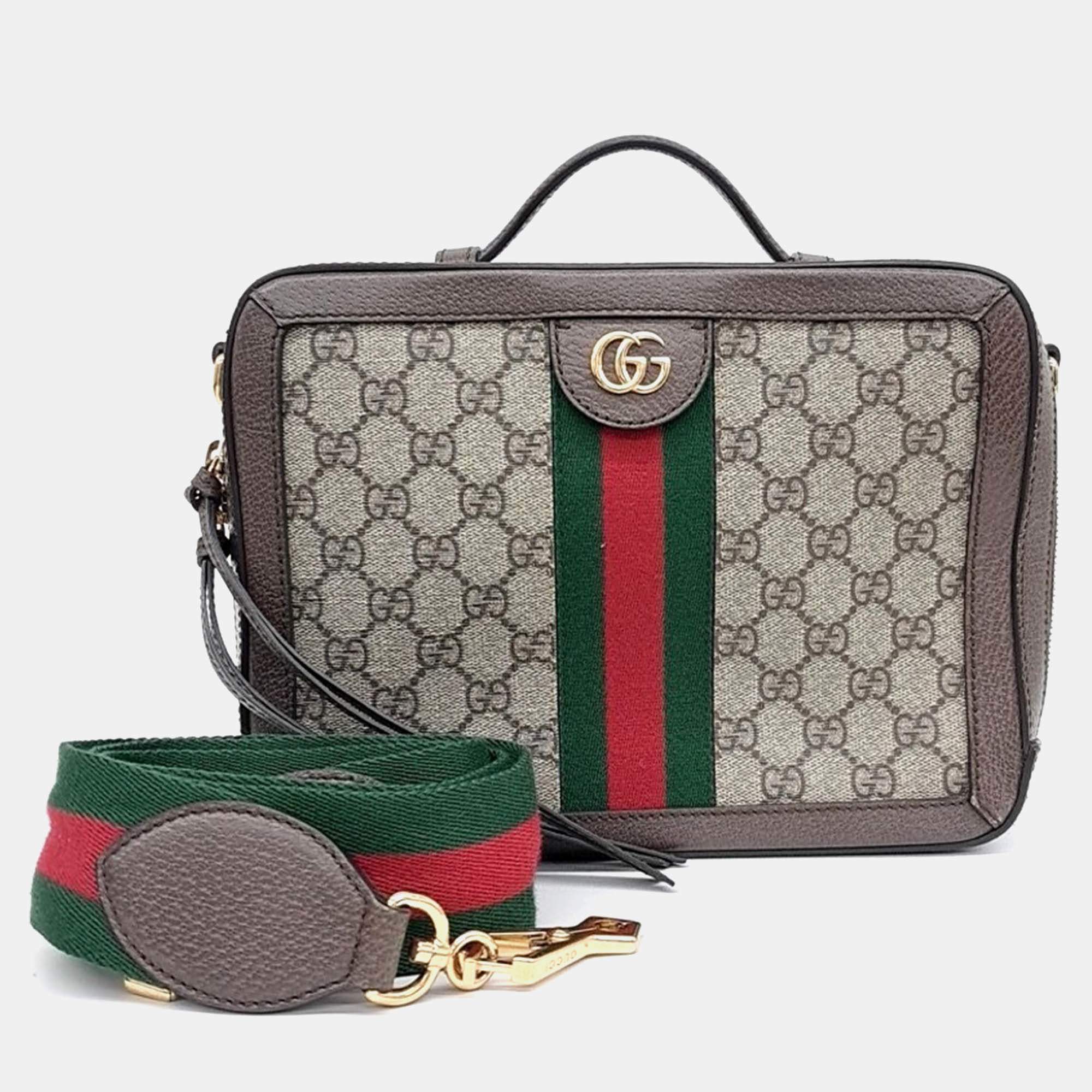 Pre Owned Gucci Beige Brown Leather and Coated canvas Ophidia GG Shoulder Bag Small