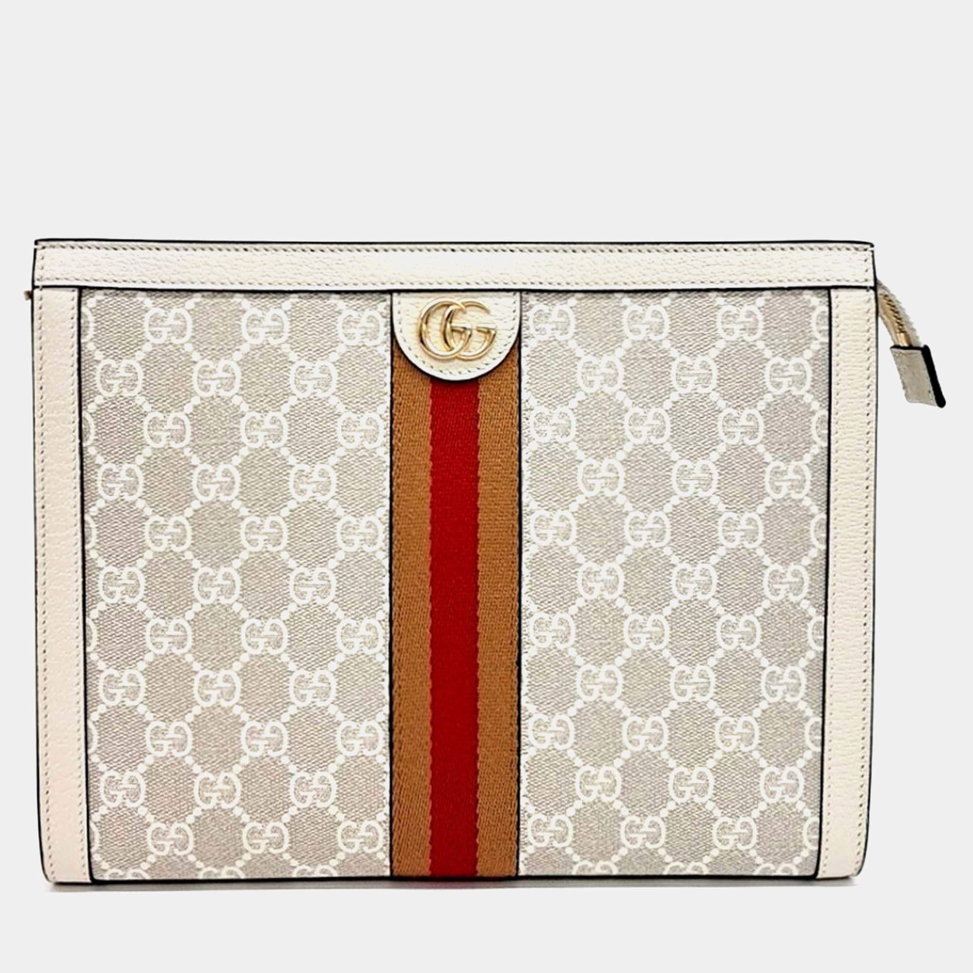 Pre Owned Gucci Beige Leather and Coated canvas Ophidia Clutch