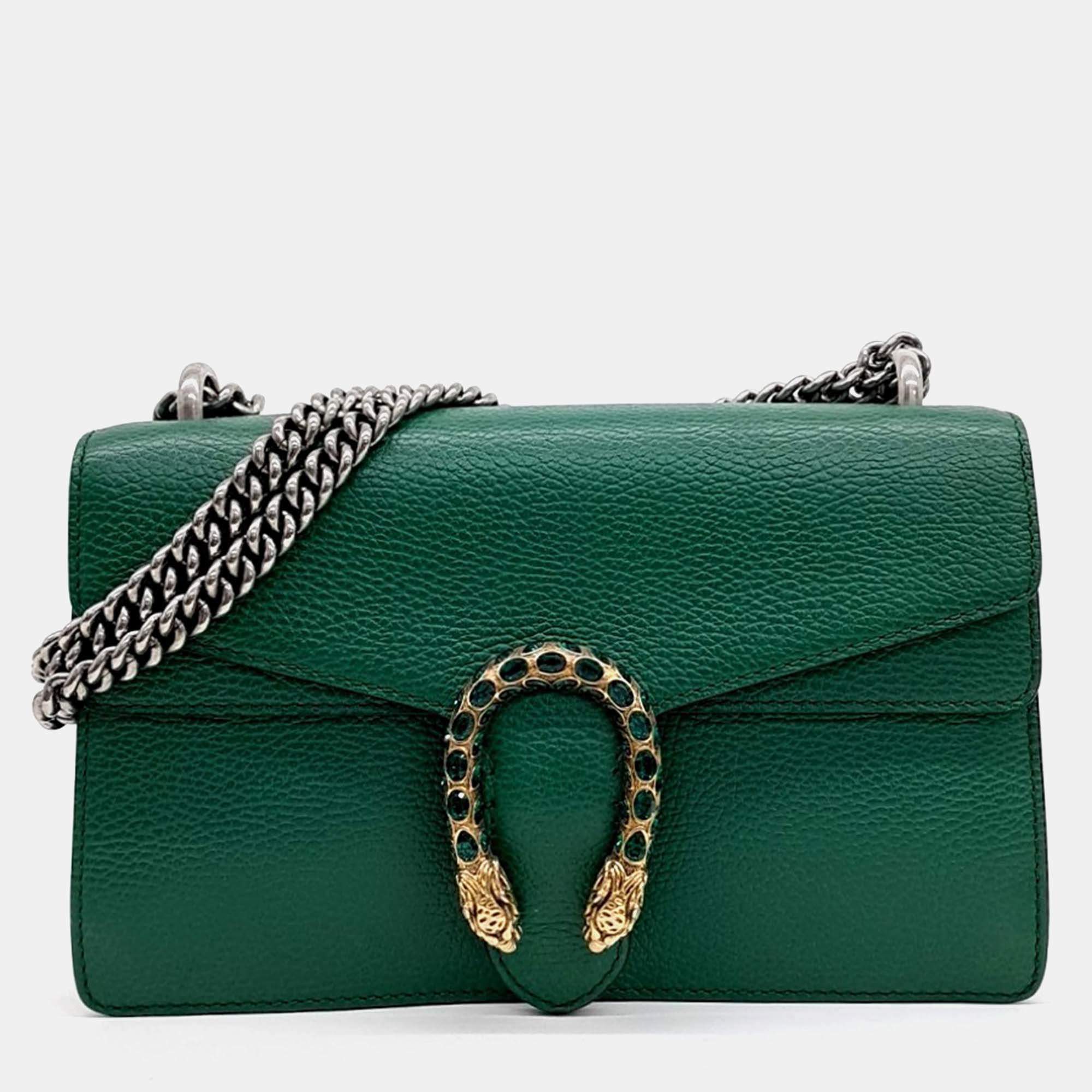 Pre Owned Gucci Green Leather Dionysus Chain Shoulder Bag