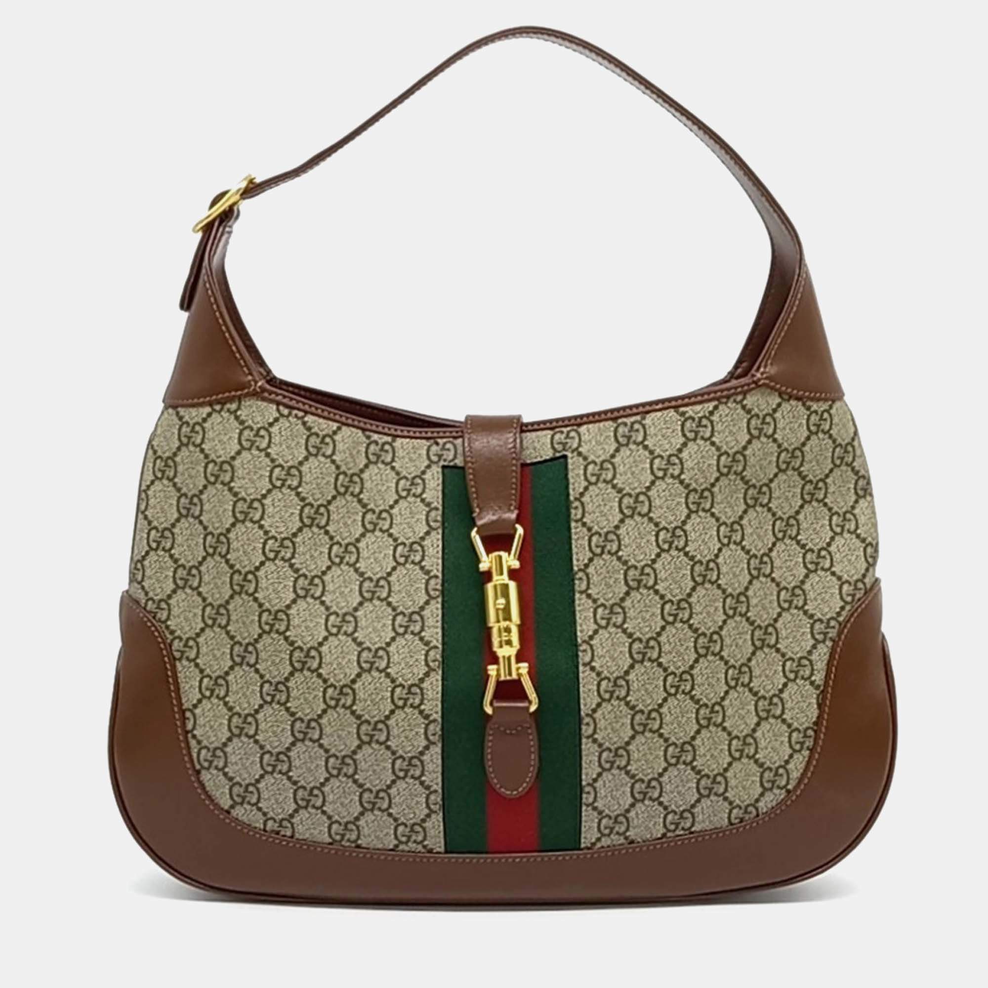 Pre Owned Gucci Beige Brown Leather and Coated canvas Jackie 1961 Medium Hobo Bag