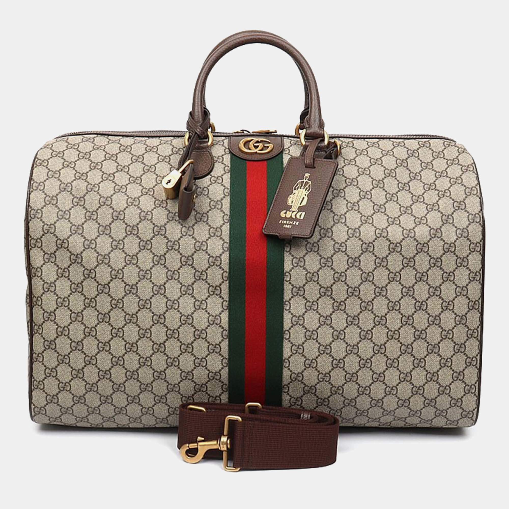 Pre Owned Gucci Beige Brown Leather and Coated canvas Ophidia Savoy Duffel Bag