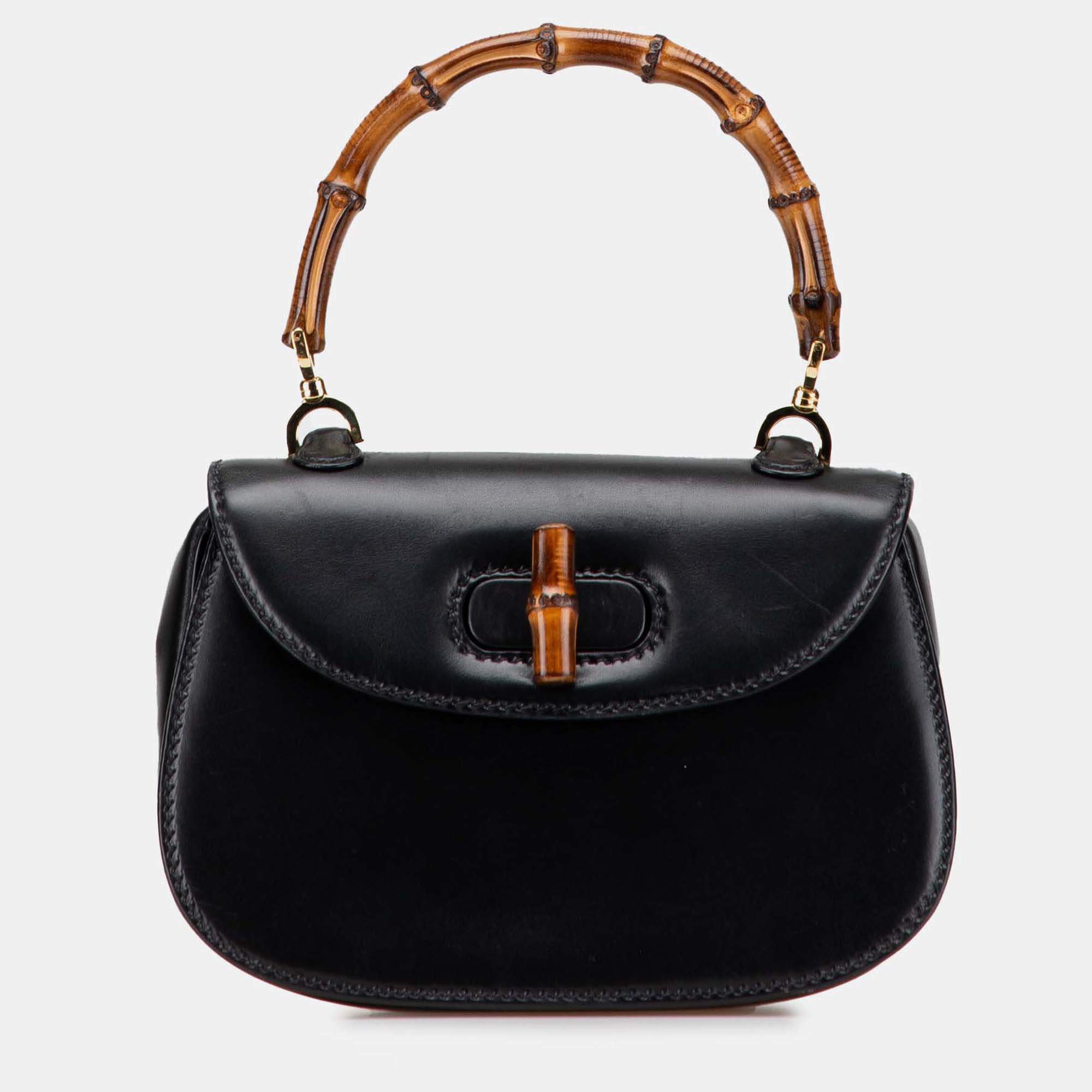 Pre Owned حقيبة غوتشي بامبو جلد عجل أسود نايت