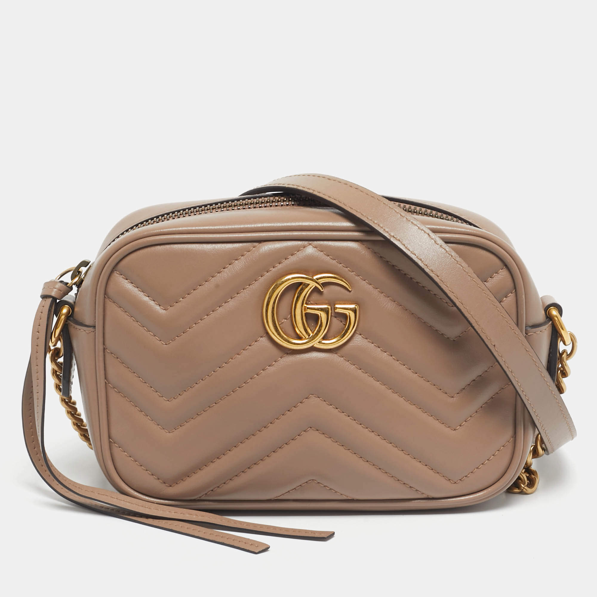 Pre Owned Gucci Dusty Pink Matelassé Leather GG Marmont Mini Camera Bag