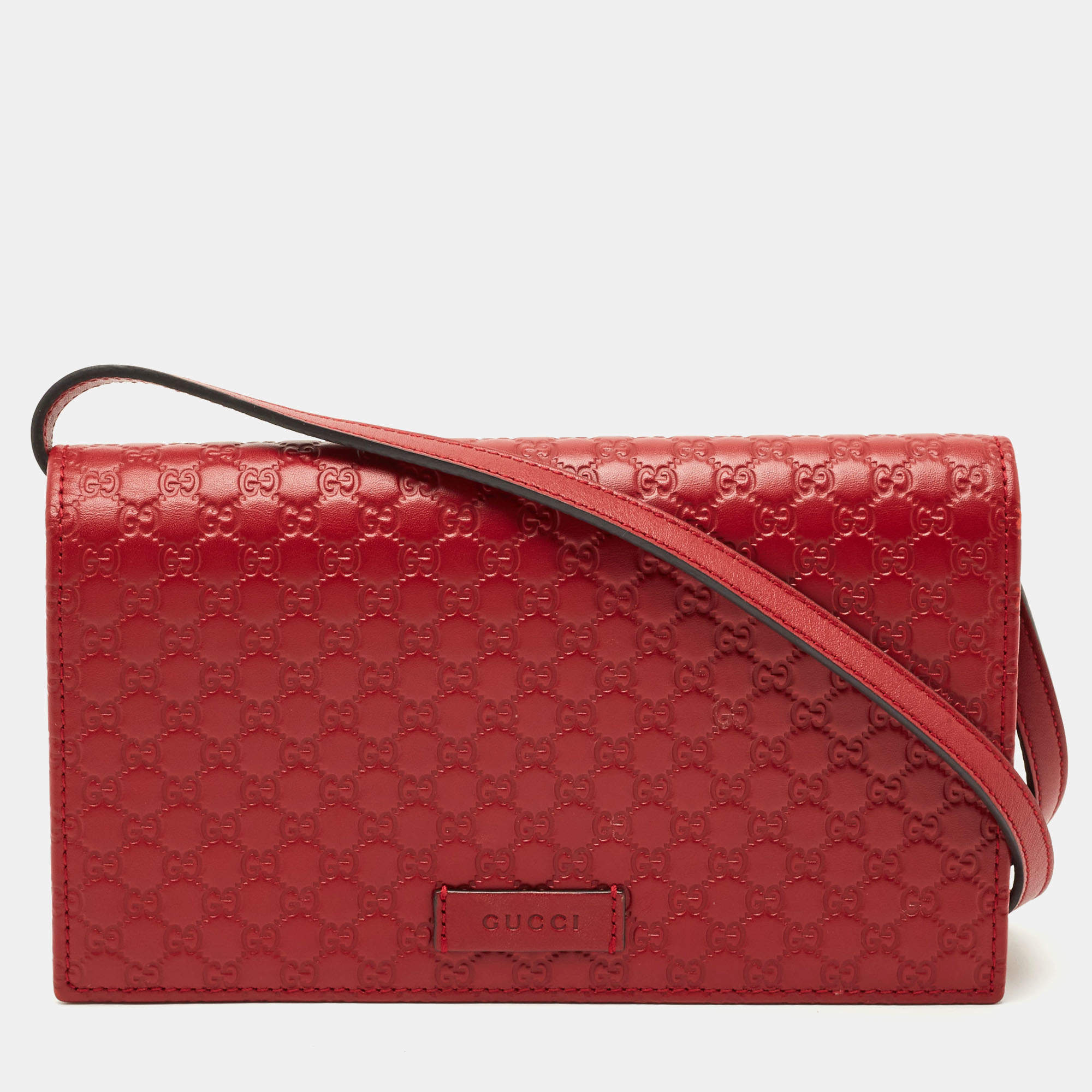 Pre Owned Gucci Red Microguccissima Leather Flap Wallet on Strap
