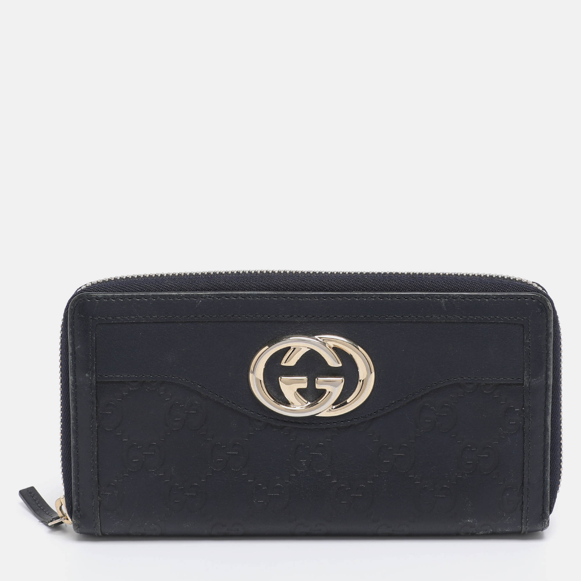 Pre Owned Gucci Navy Blue Guccissima Leather Sukey Zip Around Wallet