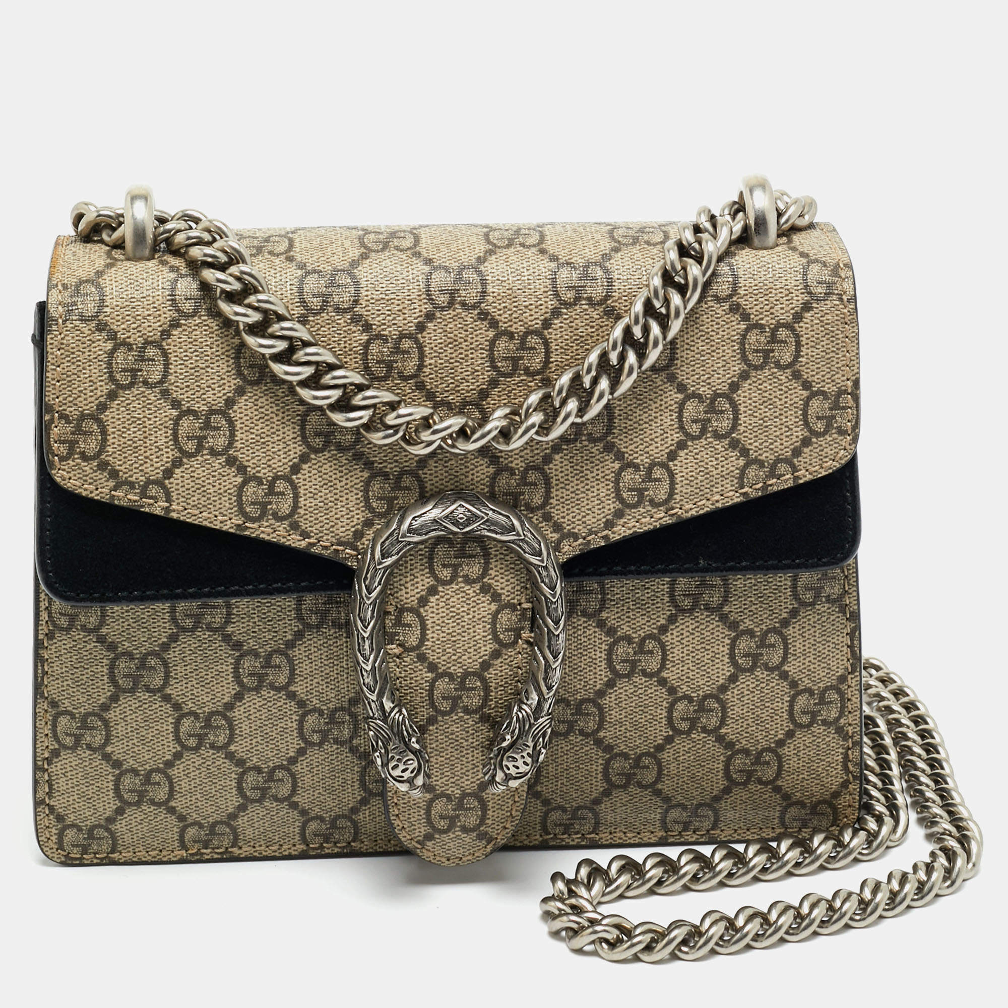 Pre Owned Gucci Beige/Black GG Supreme Canvas and Suede Small Dionysus Shoulder Bag