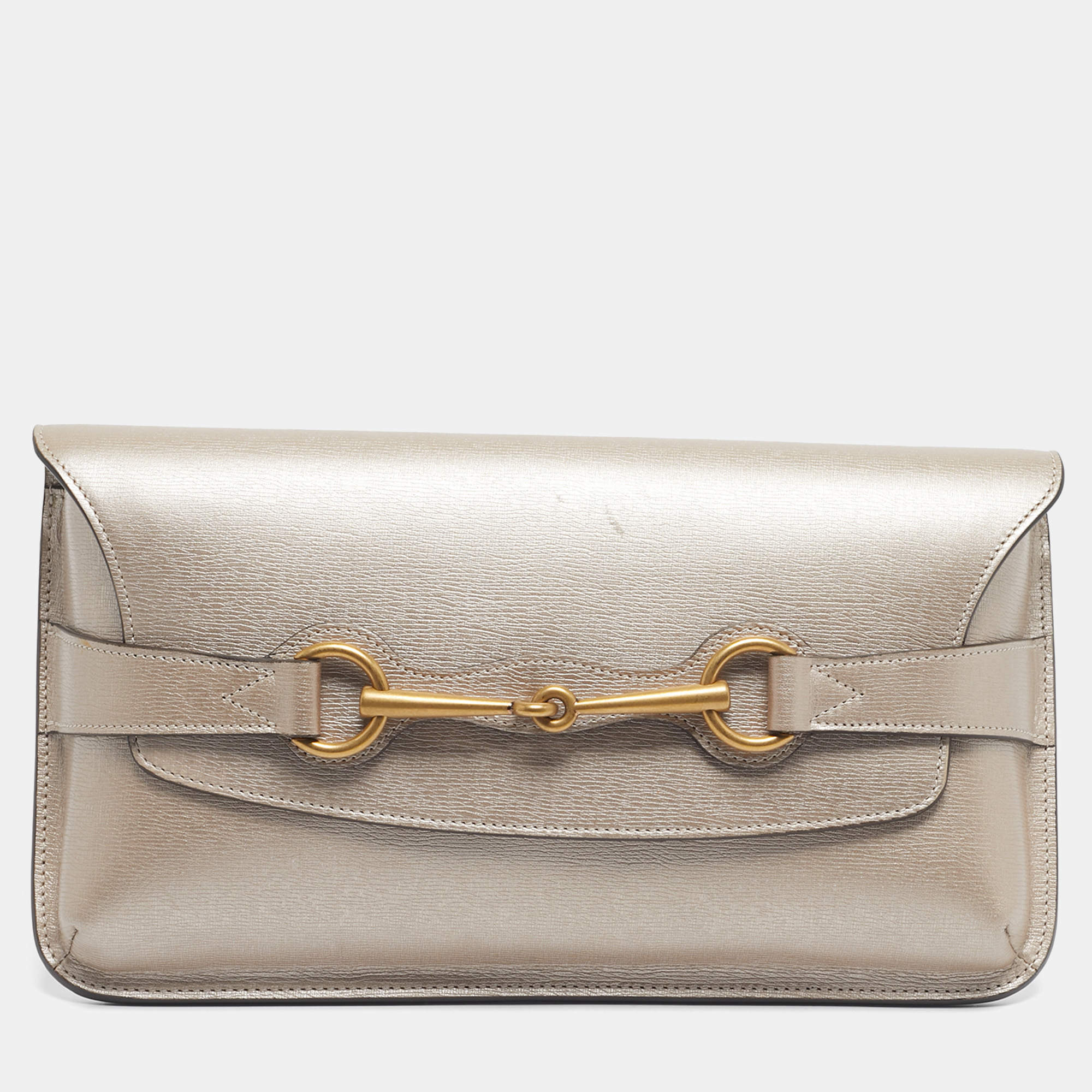 Pre Owned Gucci Metallic Beige Leather Bright Bit Clutch