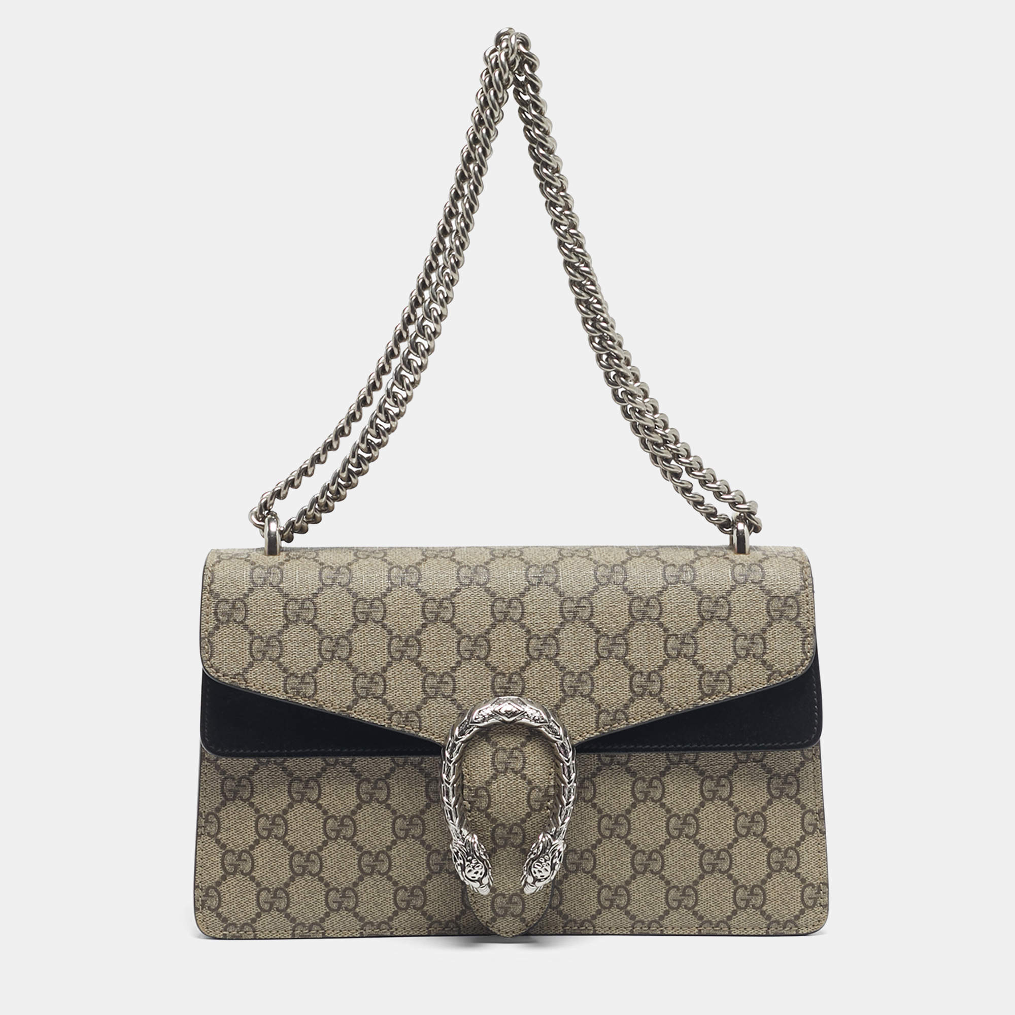Pre Owned Gucci Beige/Black GG Supreme Canvas and Suede Small Dionysus Shoulder Bag