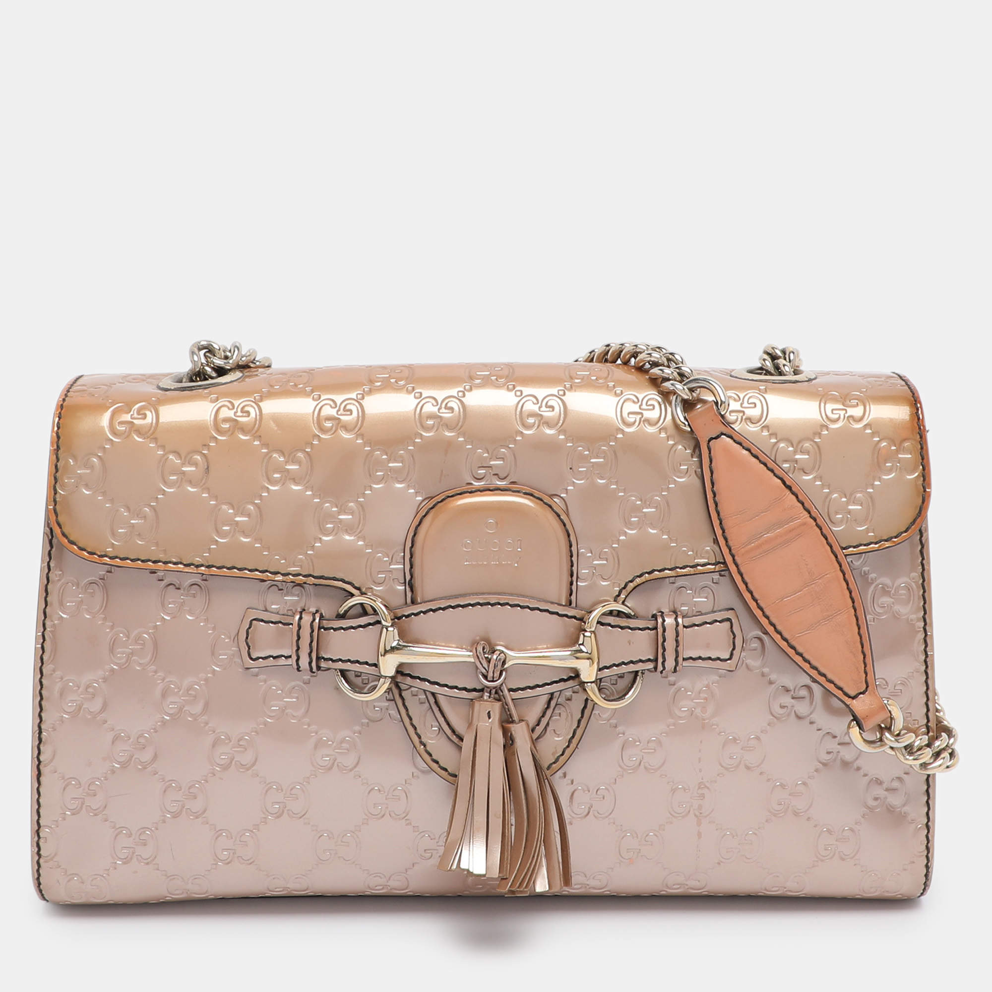 Pre Owned Gucci Beige Guccissima Patent Leather Medium Emily Chain Shoulder Bag