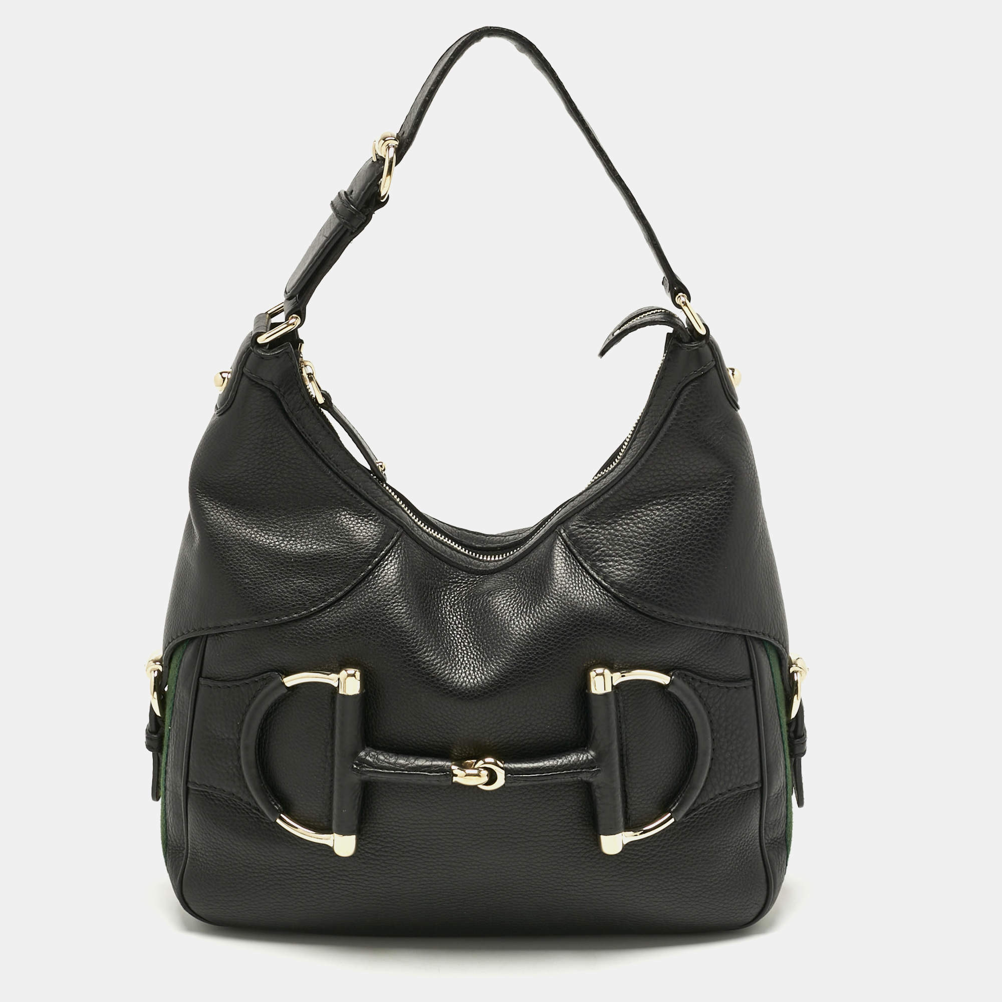 Pre Owned Gucci Black Leather Small Web Horsebit Heritage Hobo