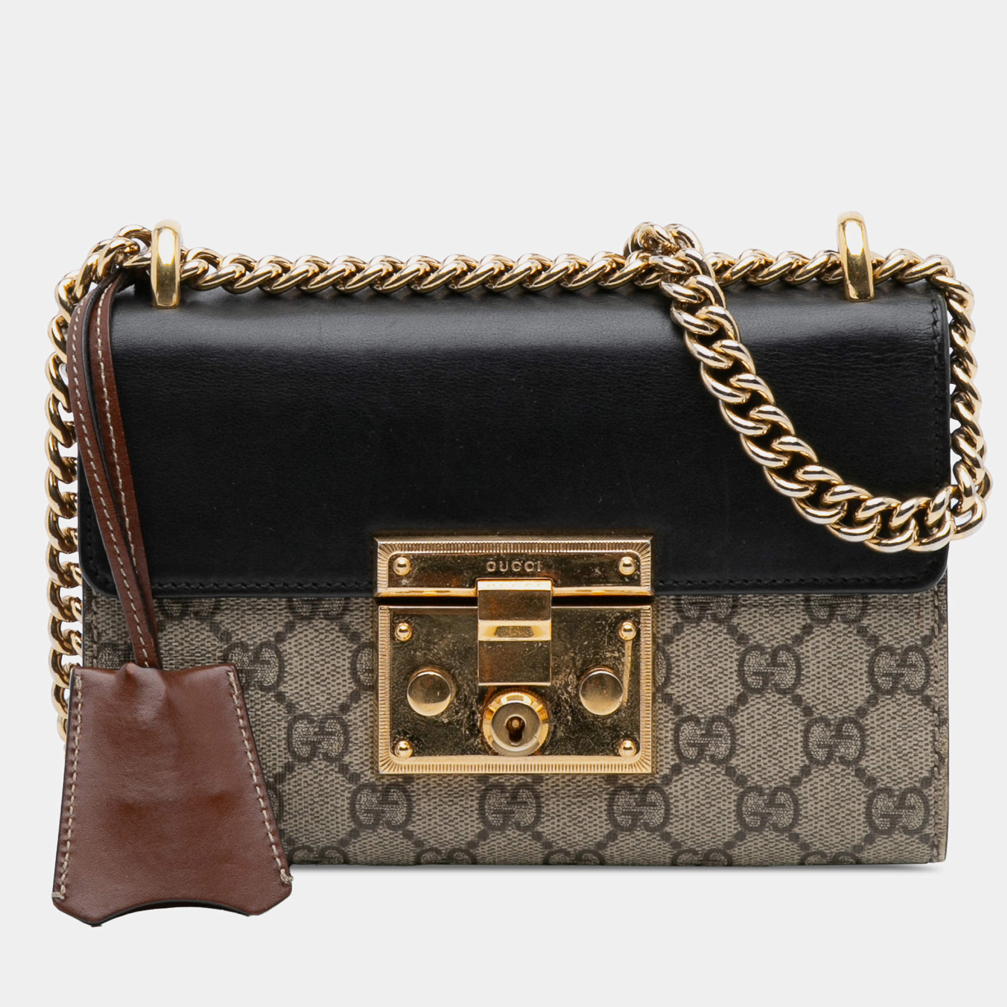 Pre Owned Gucci Beige Brown Small GG Supreme Padlock Crossbody