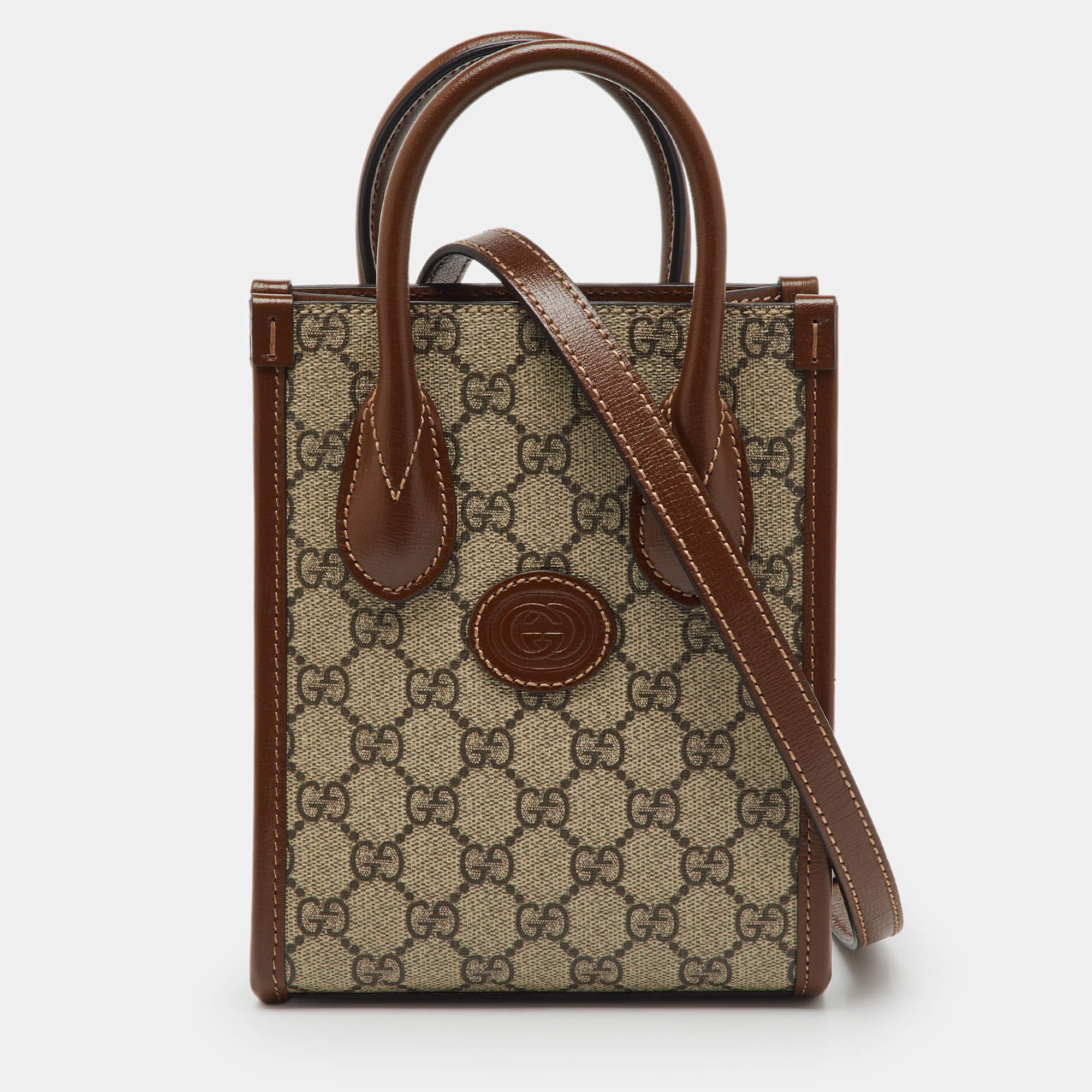 Pre Owned Gucci Beige/ Brown GG Supreme Canvas and Leather Mini Tote