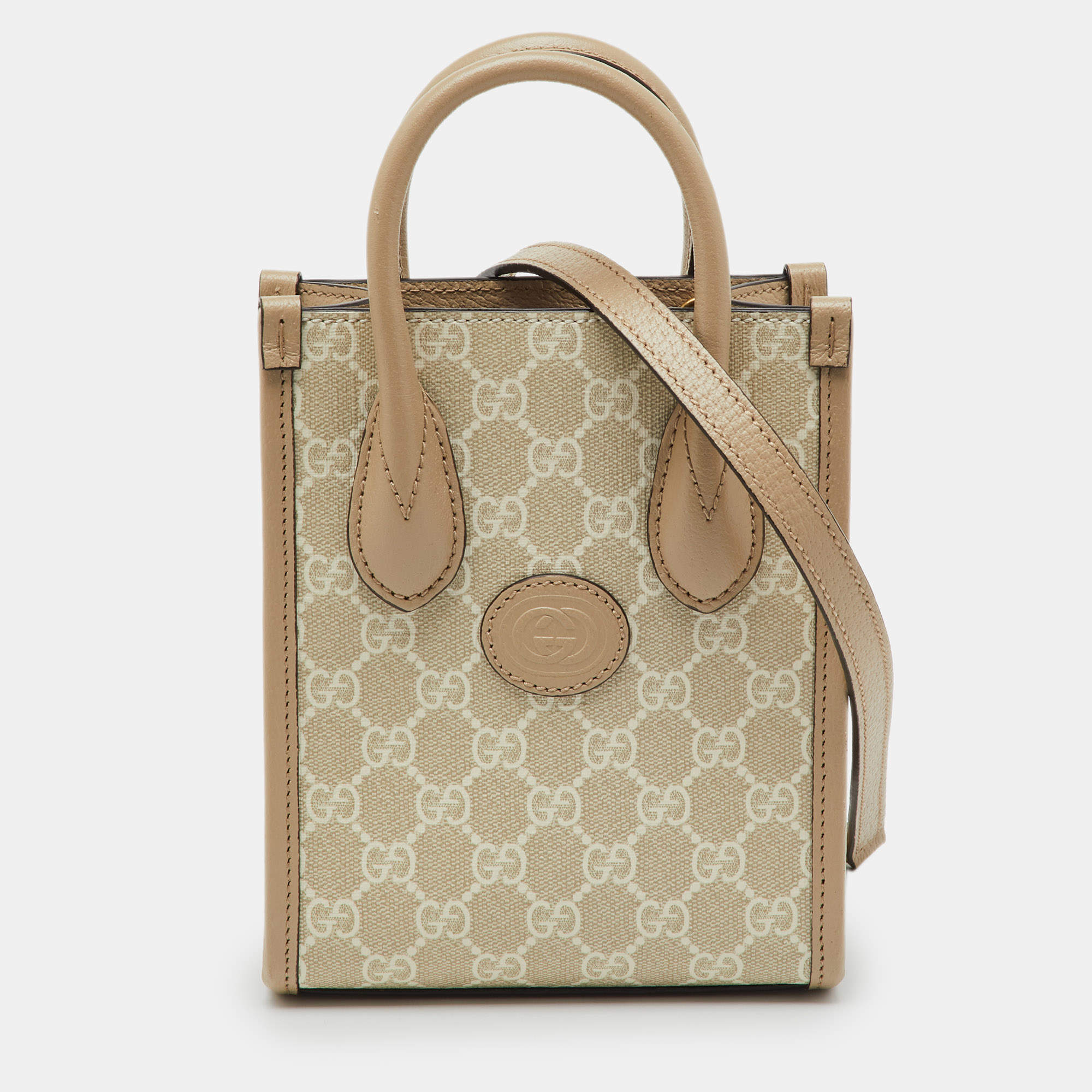 Pre Owned Gucci Beige/Off White GG Supreme Canvas and Leather Mini Tote