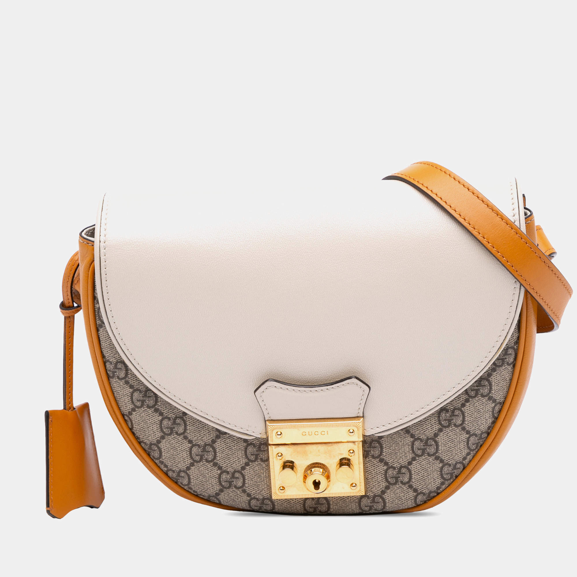 Pre Owned Gucci Beige Brown GG Supreme Saddle Padlock Crossbody