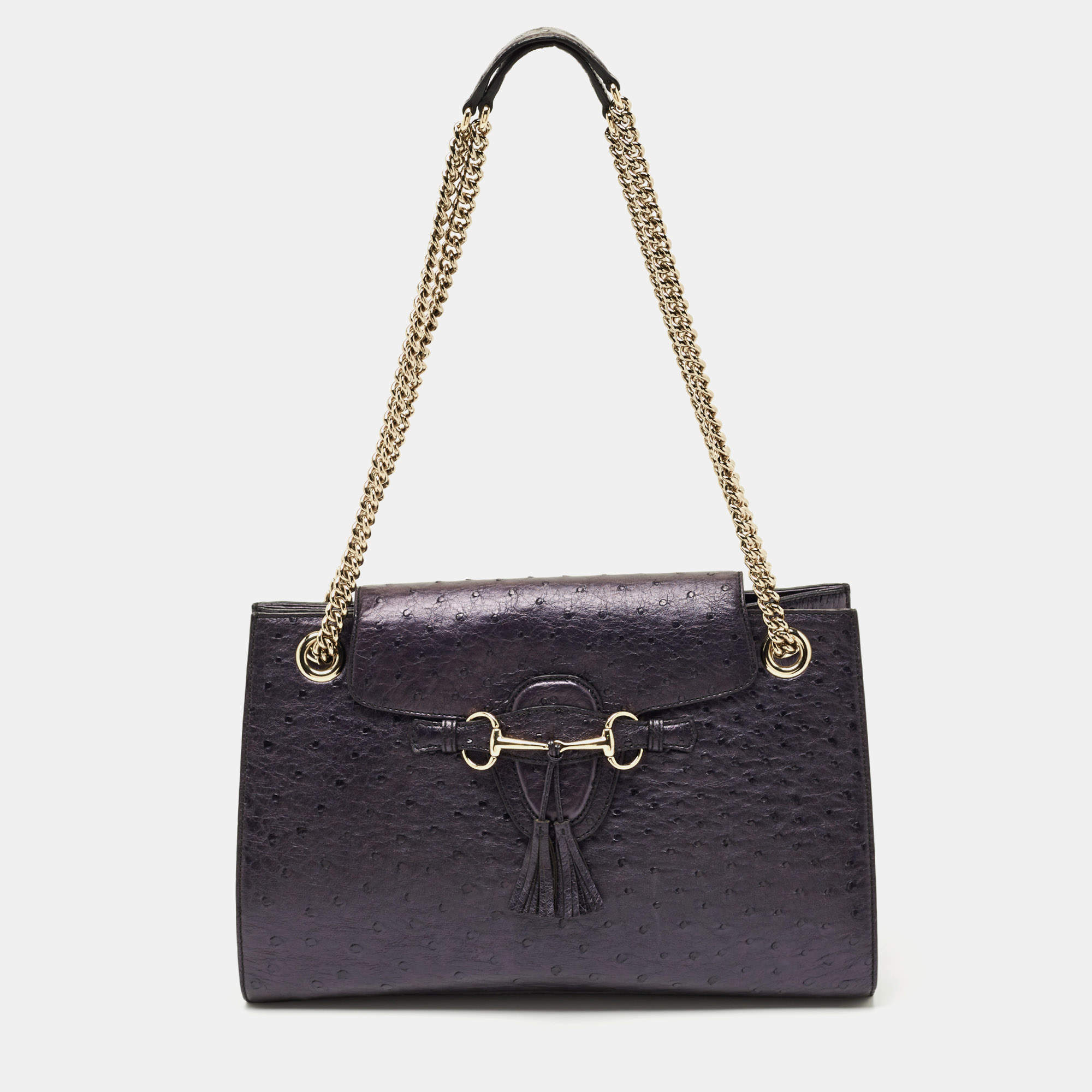 Pre Owned Gucci Metallic Purple Ostrich Large Emily Chain Shoulder Bag