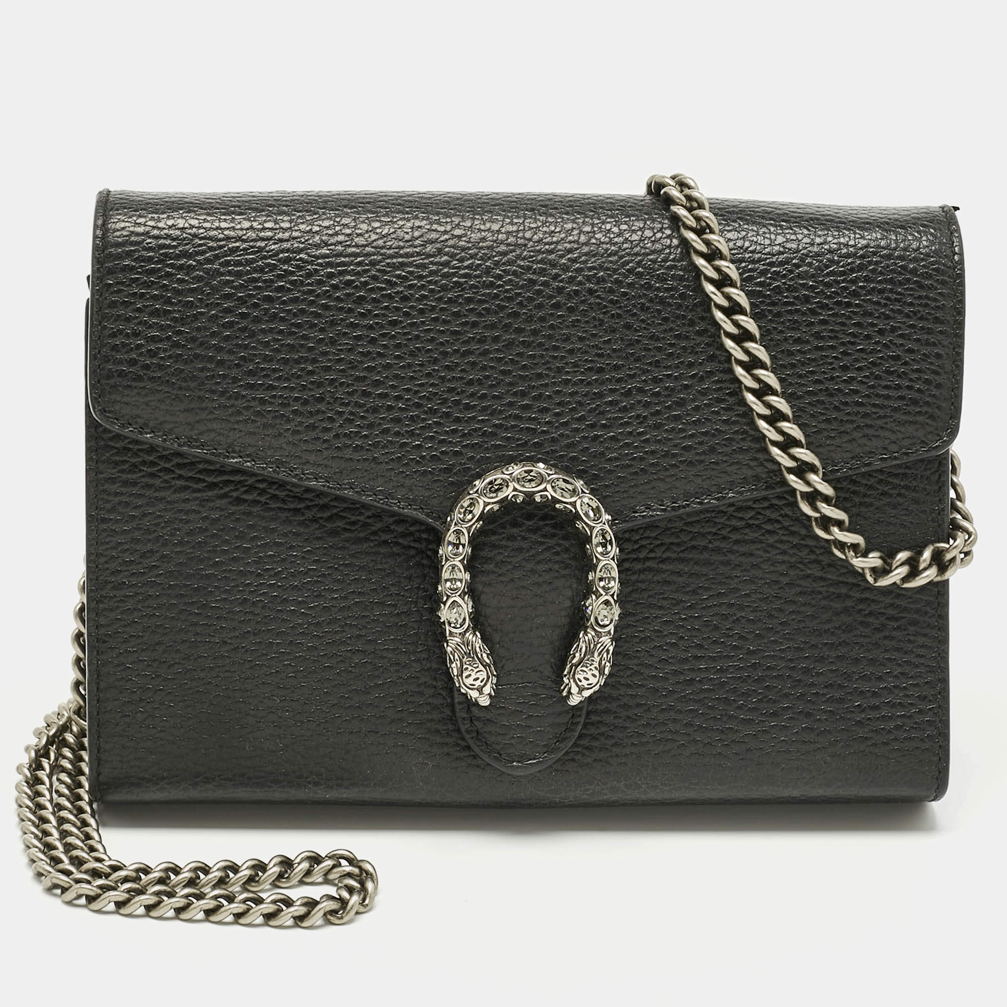 Pre Owned Gucci Black Leather Dionysus Wallet on Chain