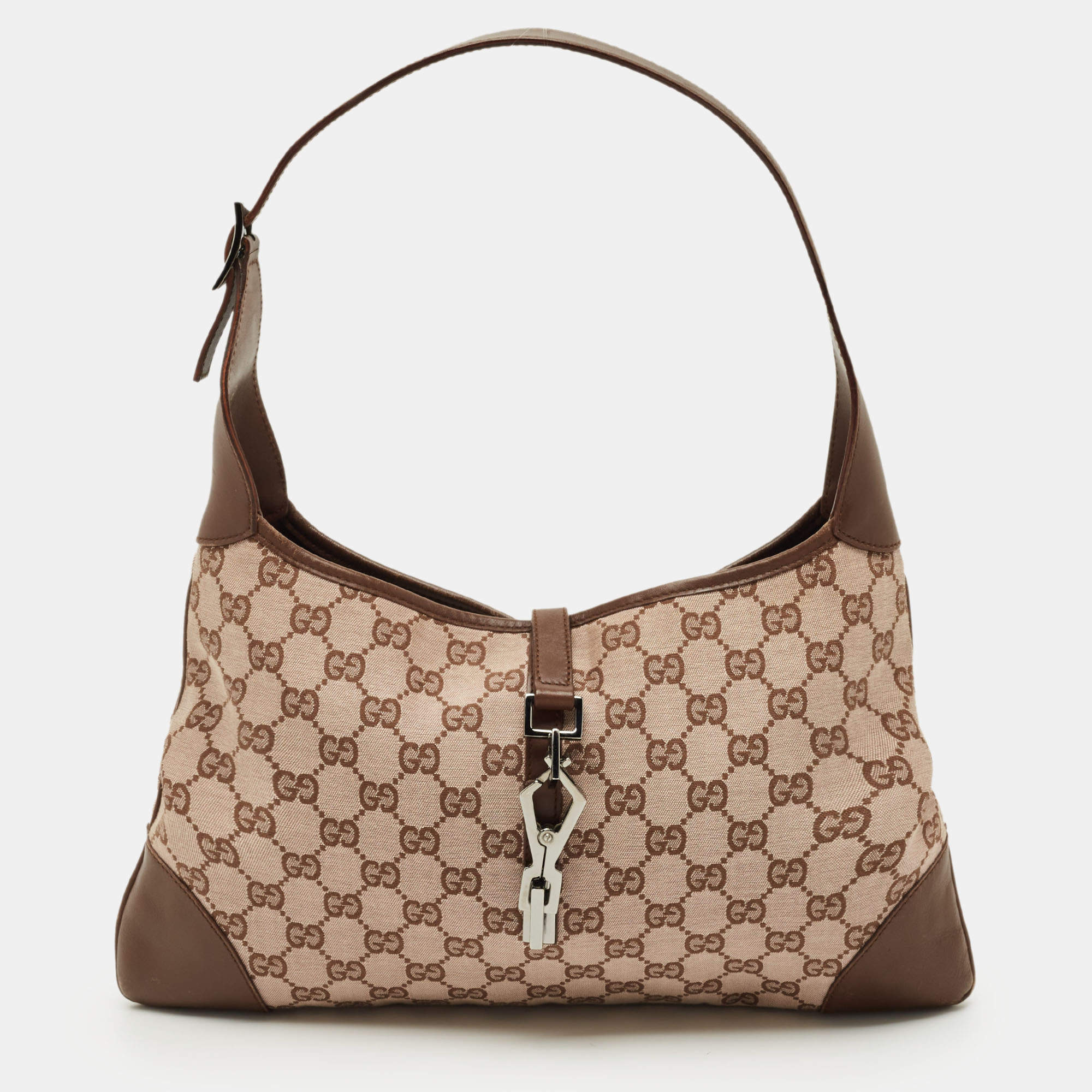 Pre Owned Gucci Brown GG Fabric and Leather Jackie Hobo