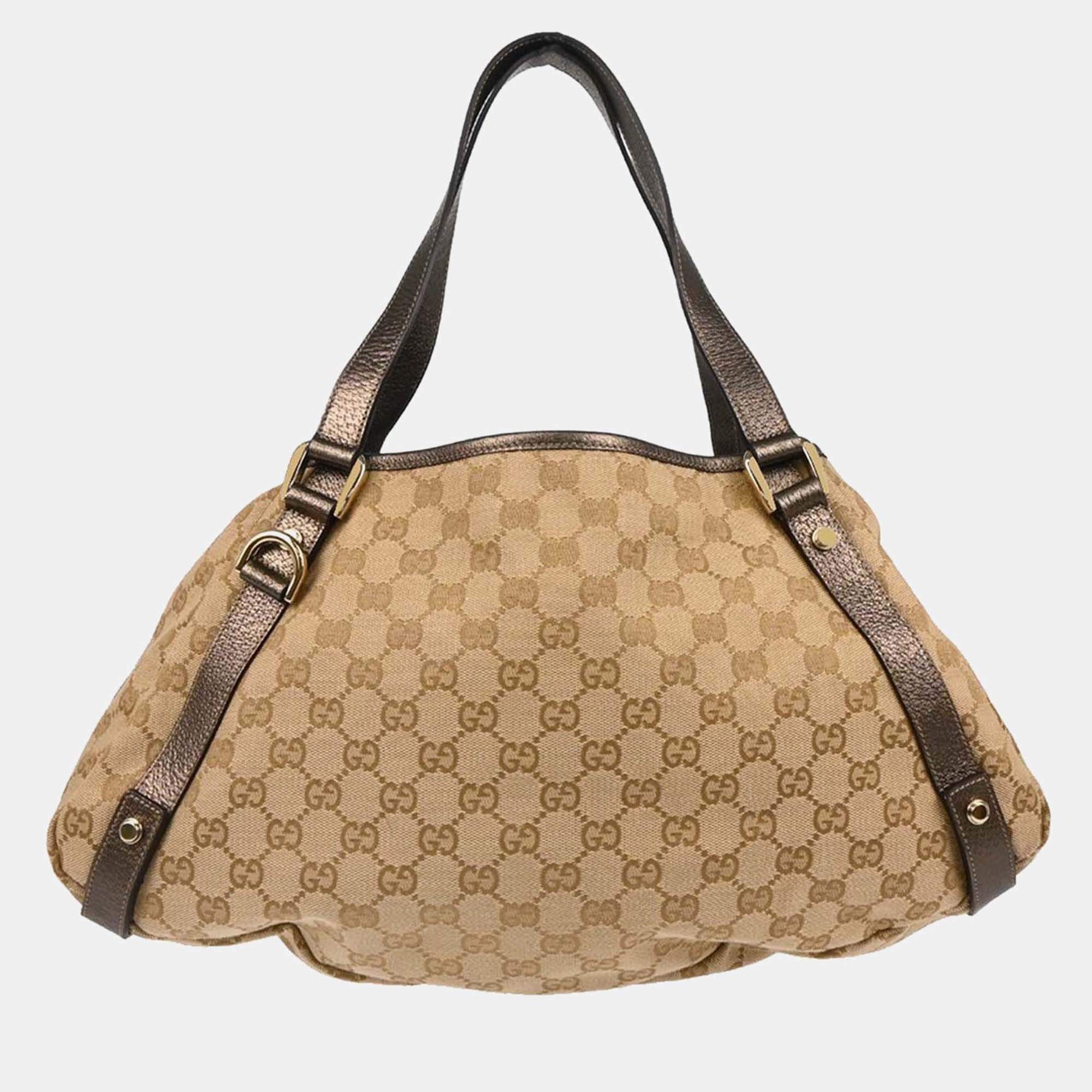 Pre Owned Gucci GG Beige Canvas and Leather Handbag