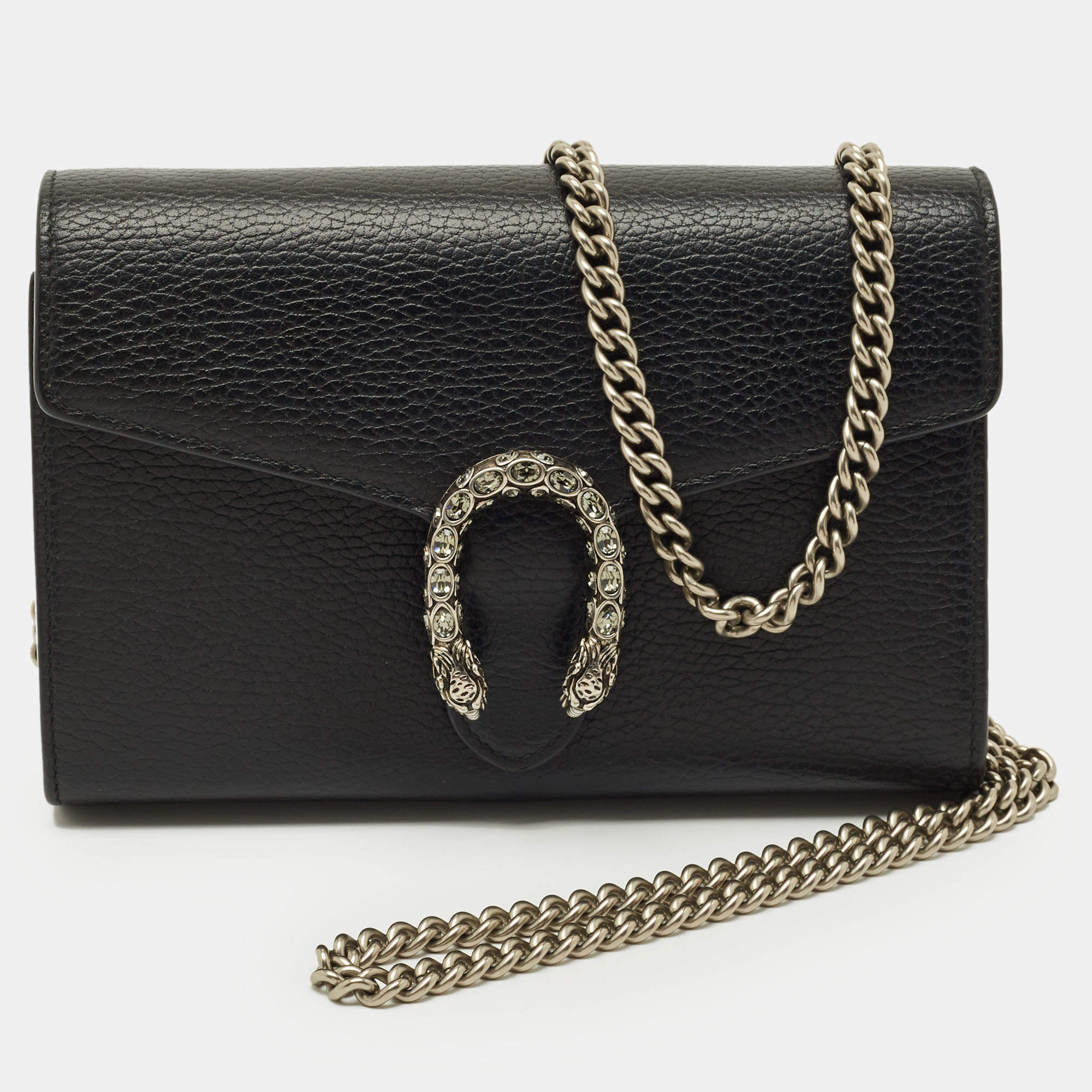 Pre Owned Gucci Black Leather Mini Dionysus Crystals Wallet on Chain