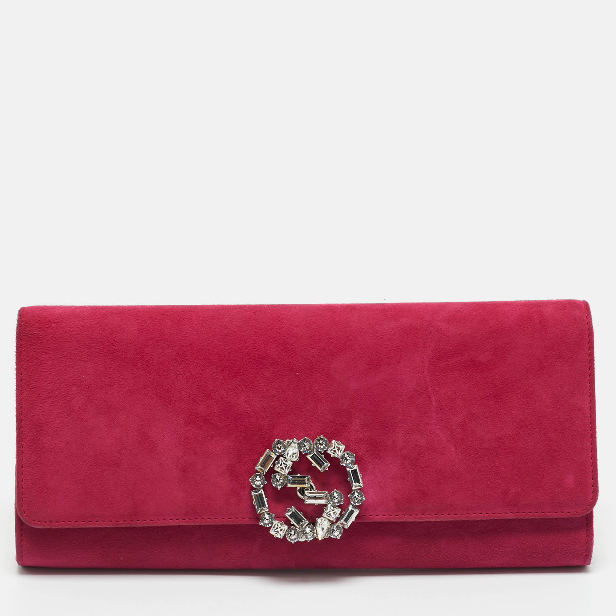 Pre Owned Gucci Pink Suede Interlocking Crystals Broadway Clutch
