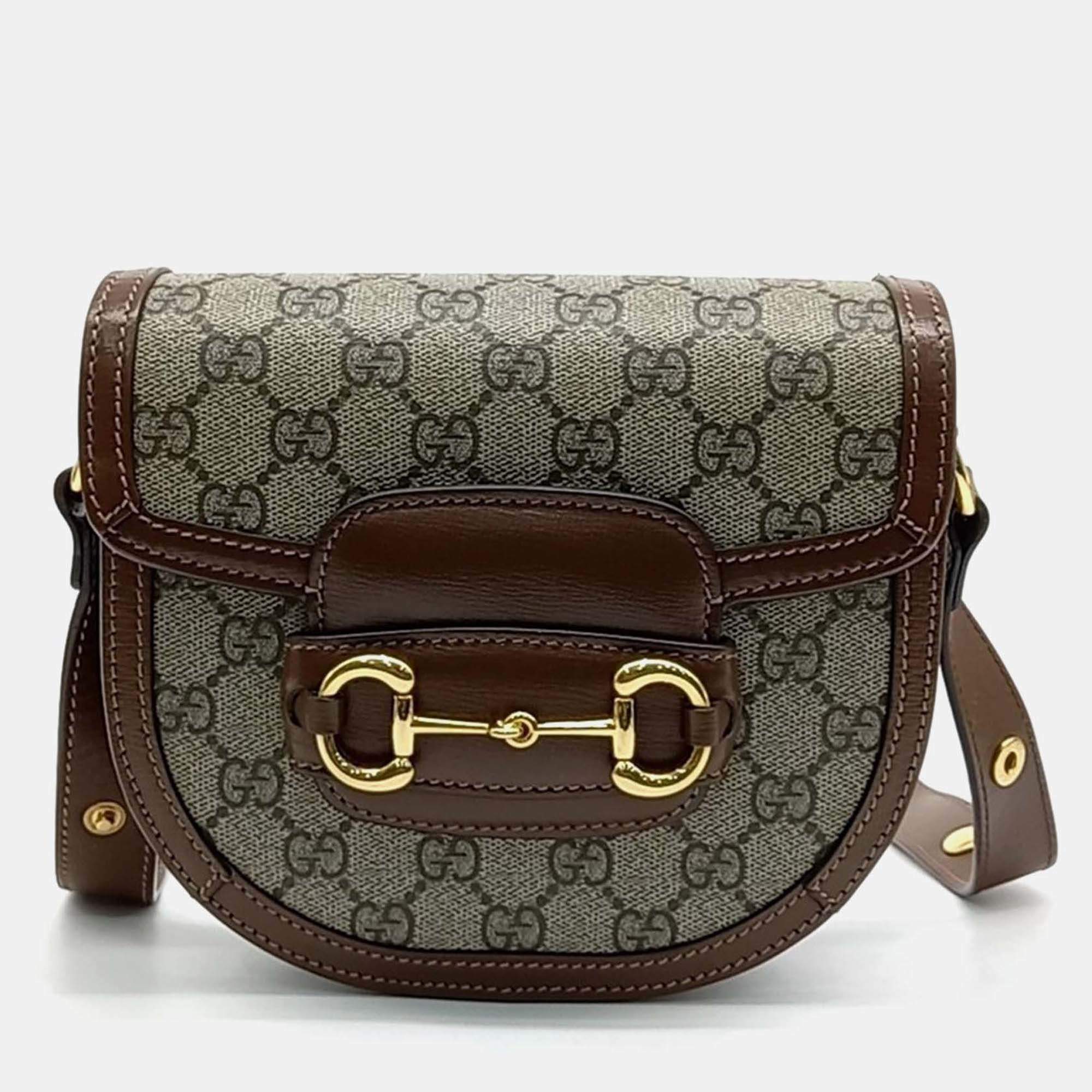 Pre Owned Gucci Beige Brown Canvas 1955 Horsebit Round Mini Bag