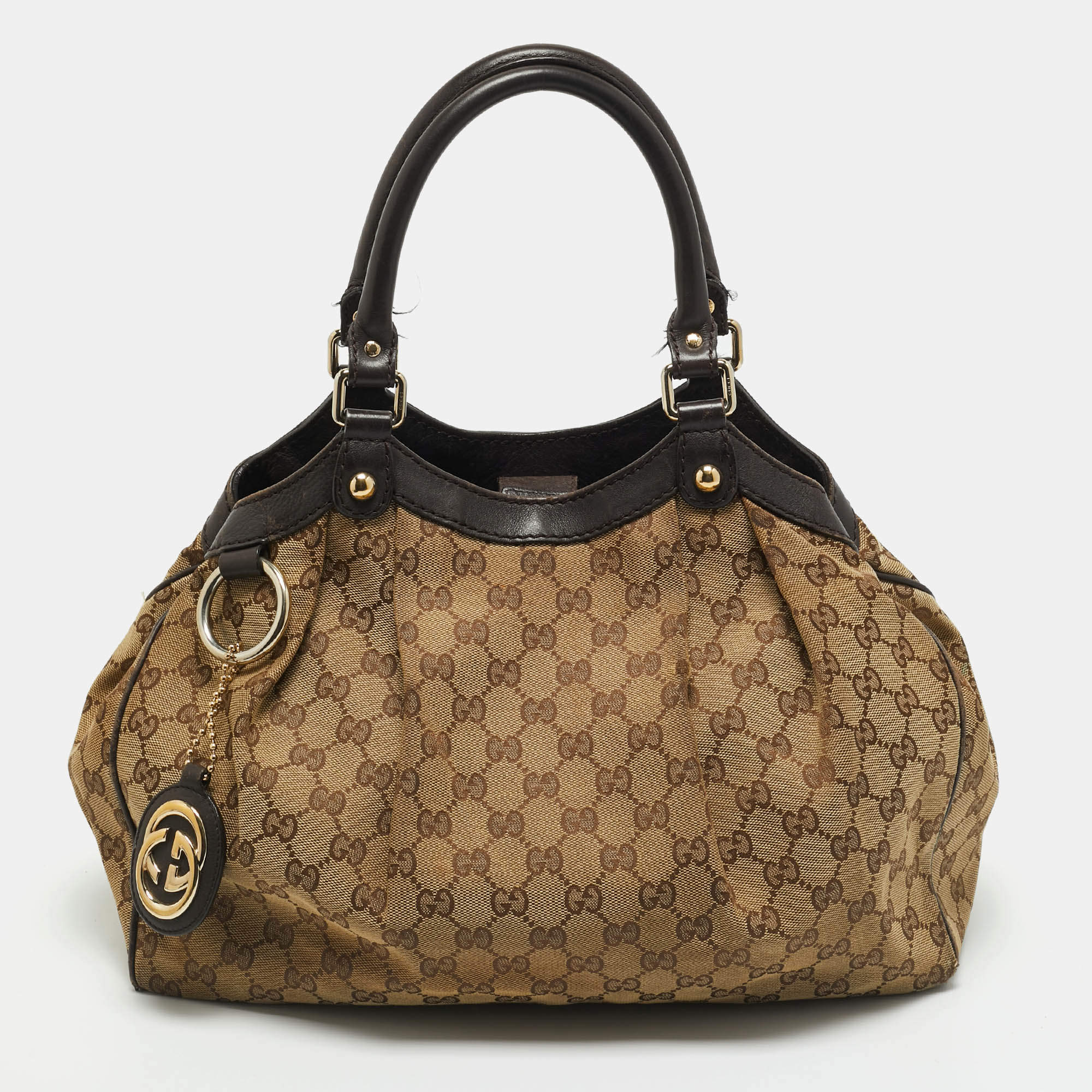 Pre Owned Gucci Brown/Beige GG Canvas and Leather Medium Sukey Tote