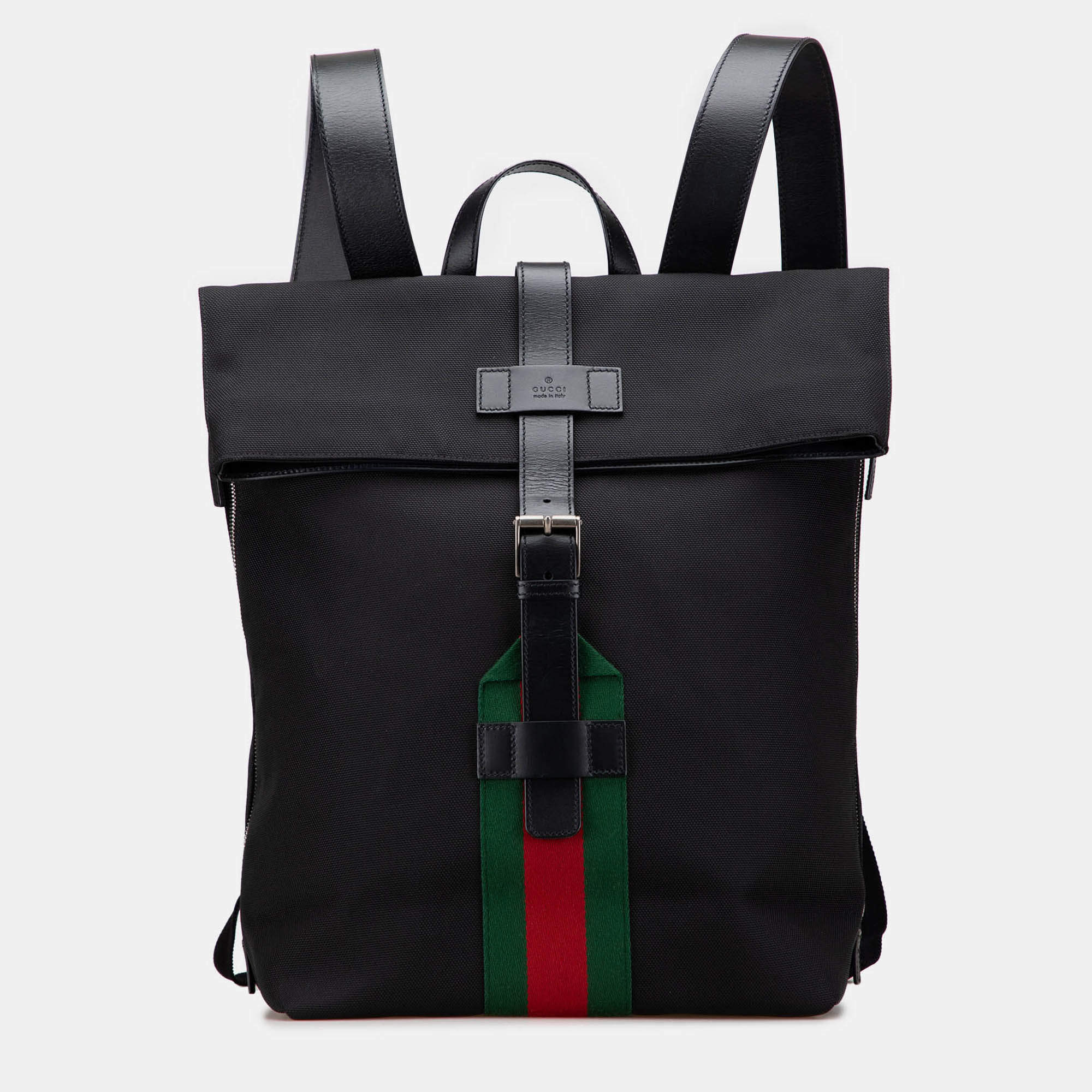 Pre Owned Gucci Black Canvas Techno Web Fold Over Backpack