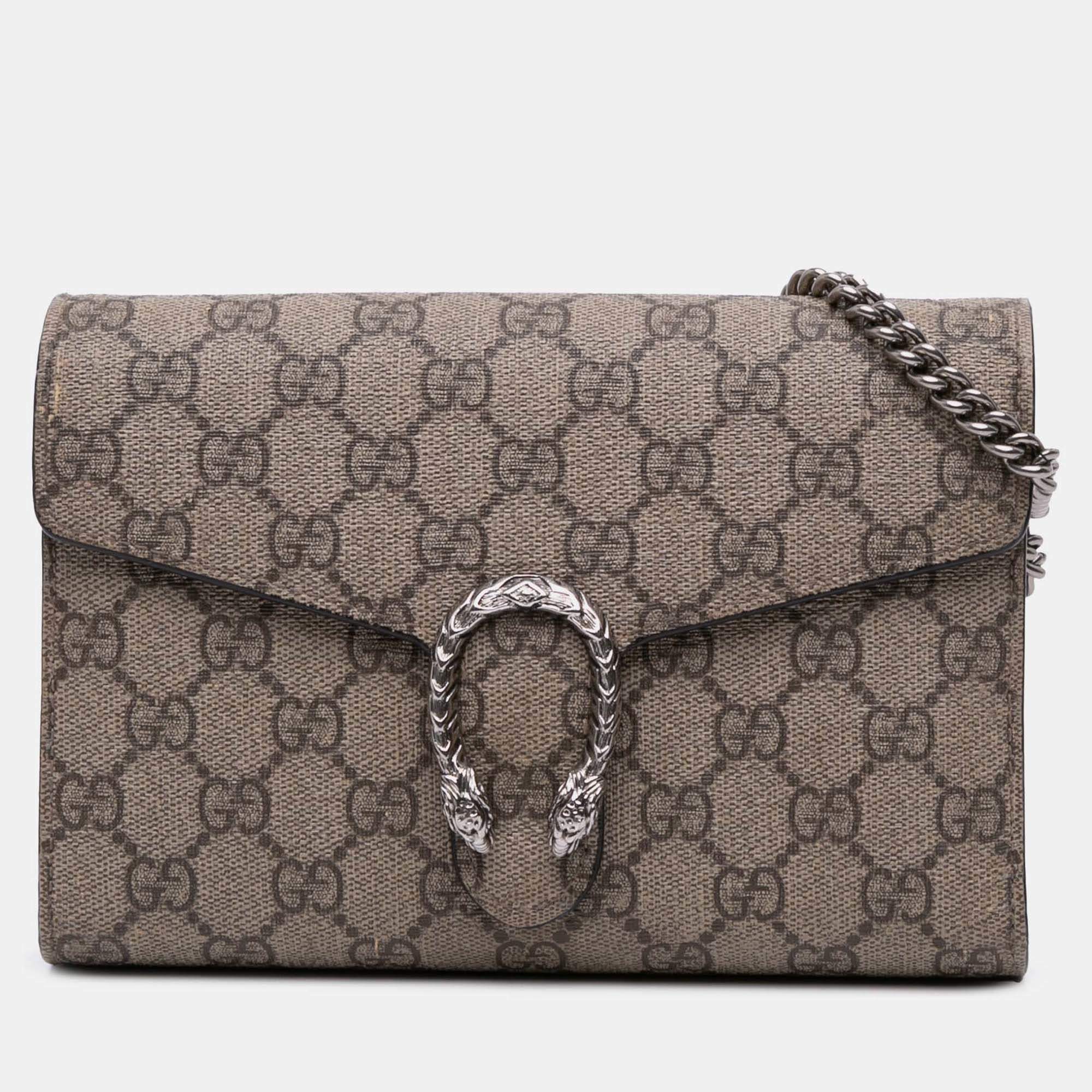 Pre Owned Gucci Brown GG Supreme Dionysus Chain Wallet