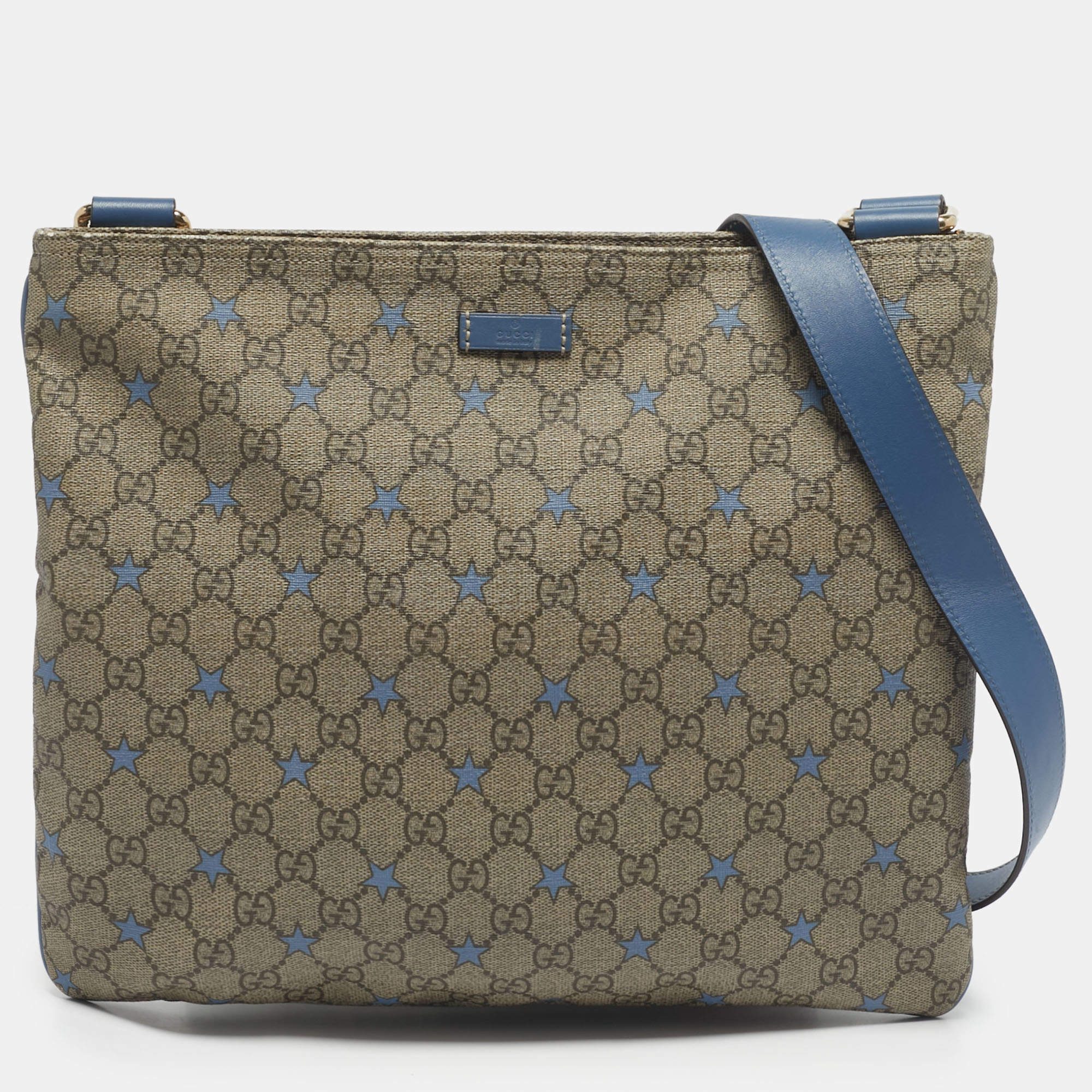 Pre Owned Gucci Blue/Beige GG Supreme Stars Canvas and Leather Flat Messenger Bag