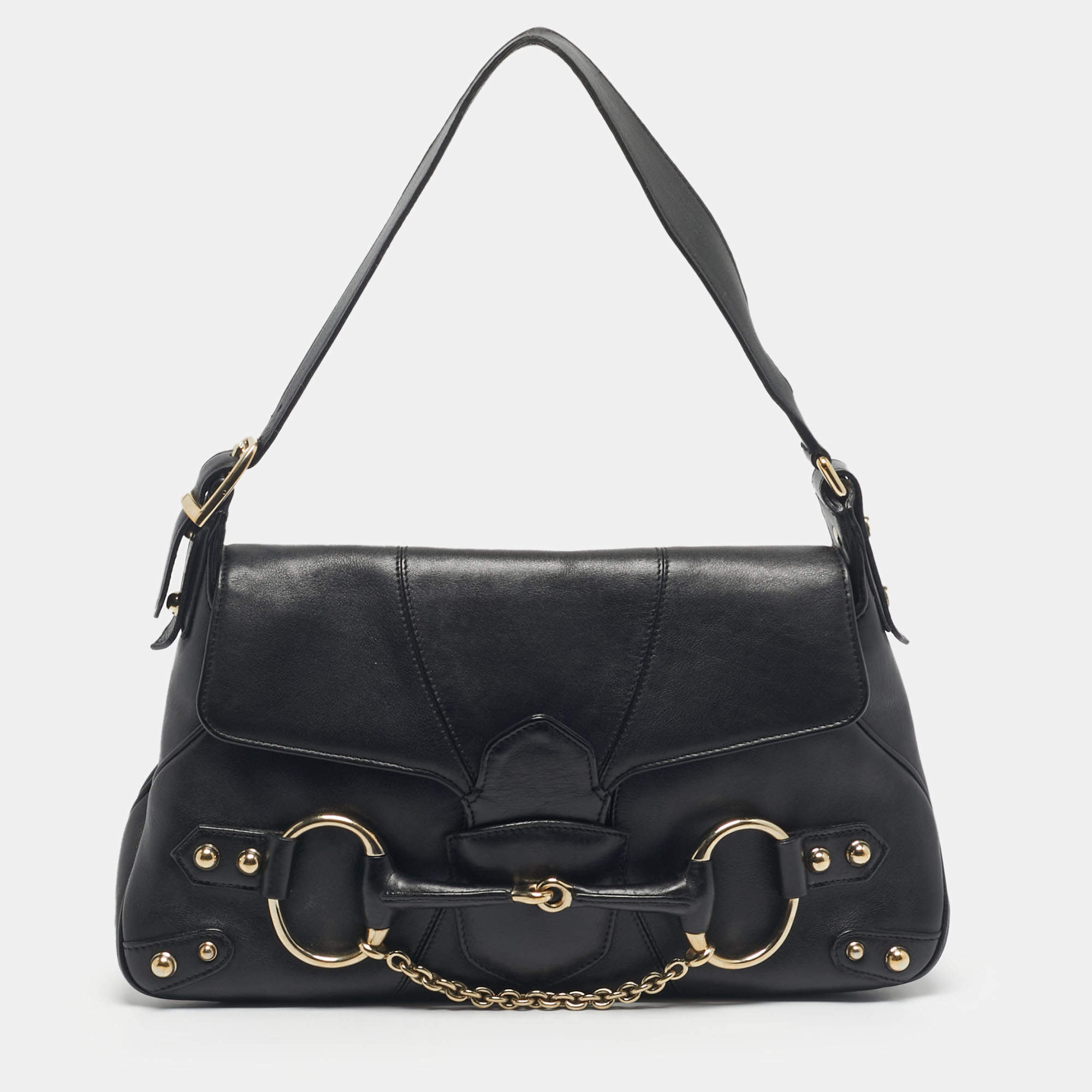 Pre Owned حقيبة كتف غوتشي فلاب جلد أسود بحلية هورسبيت