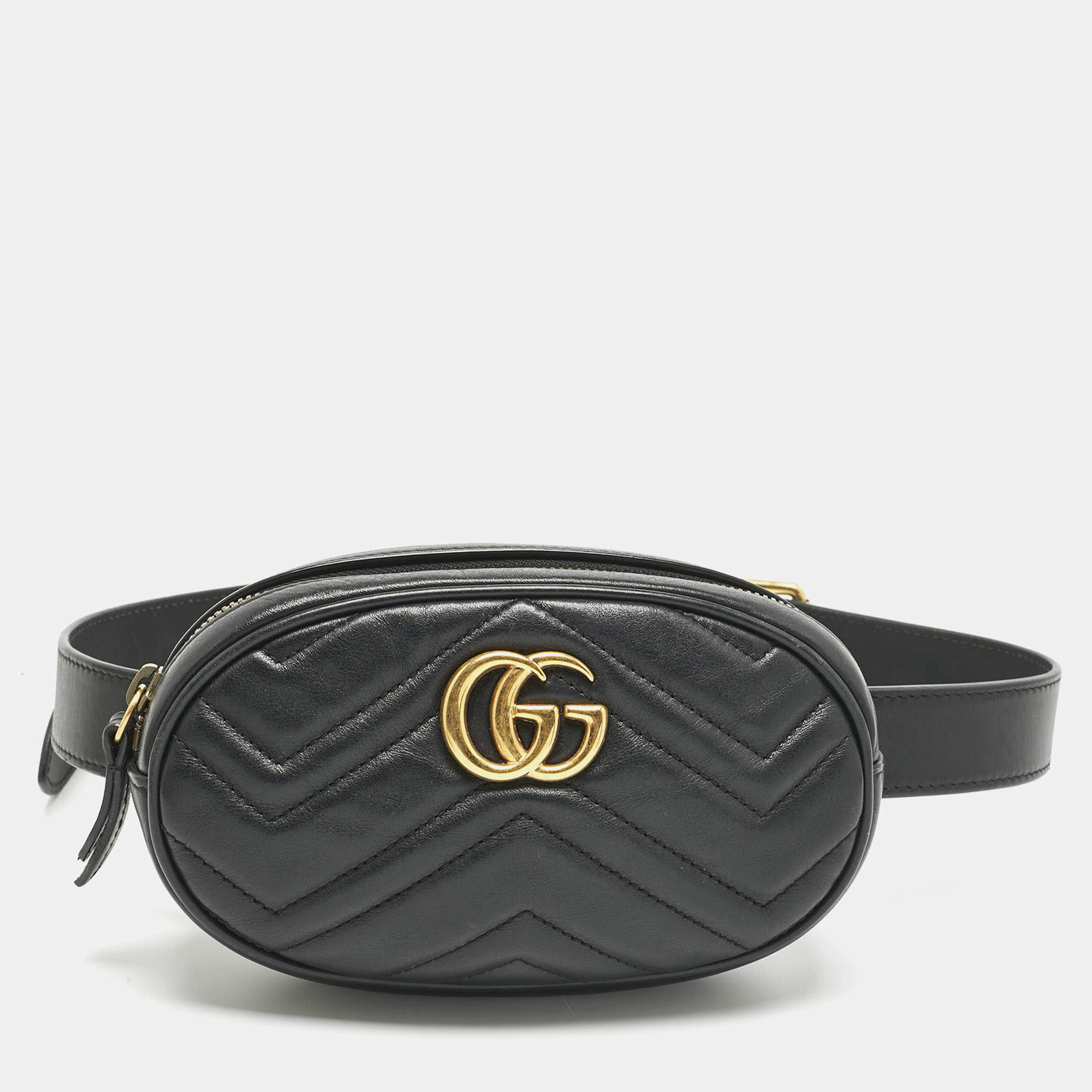 Pre Owned Gucci Black Matelassé Leather GG Marmont Belt Bag