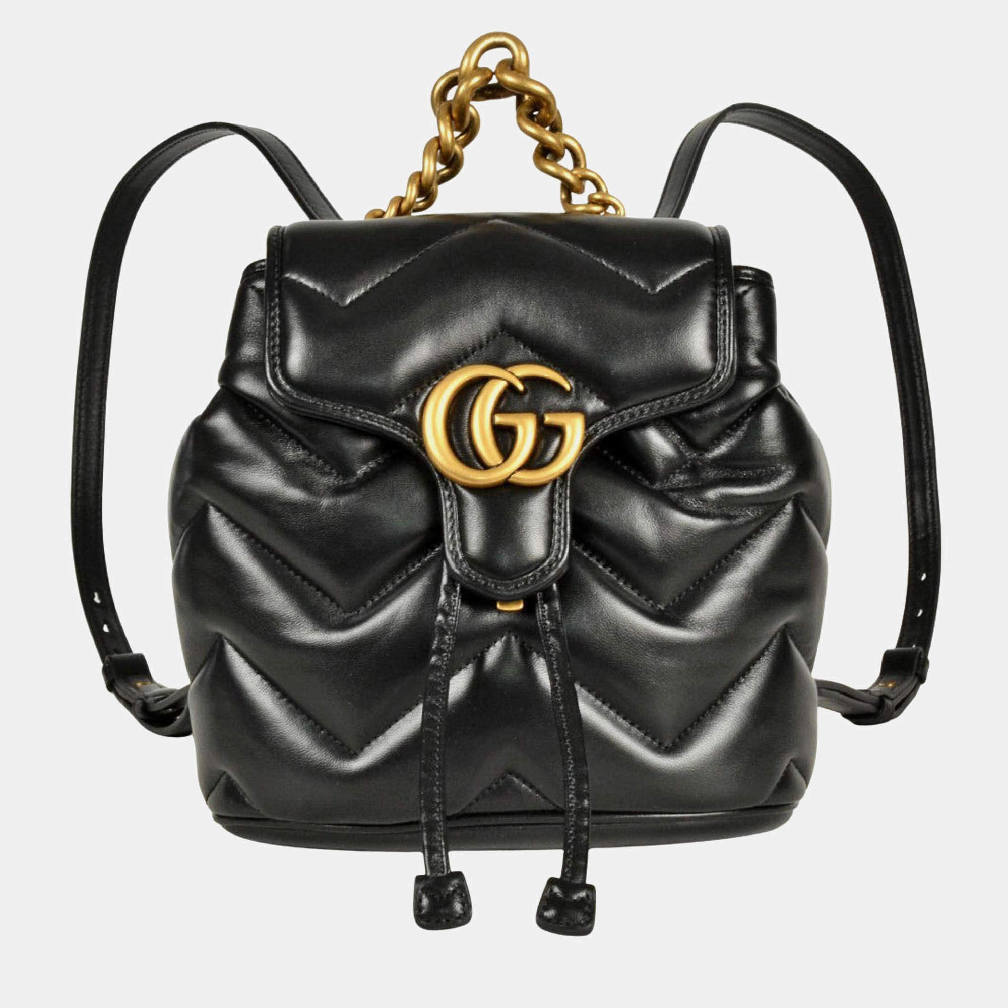 Pre Owned Gucci Gg Marmont Quilted Mini Backpack Leather Black