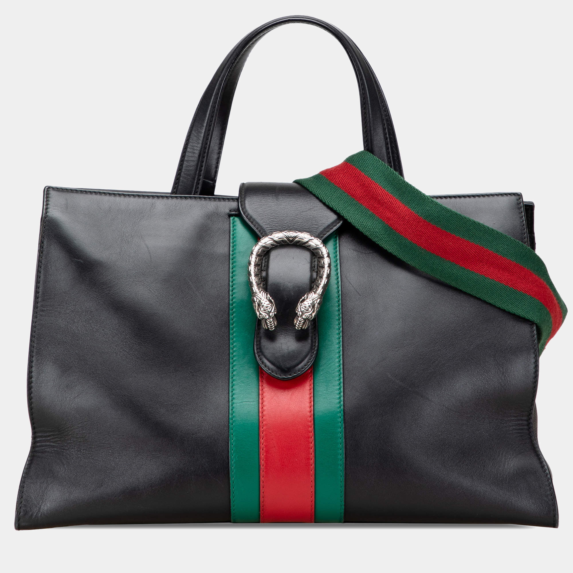 Pre Owned Gucci Black Large Calfskin Dionysus Web Top Handle Bag