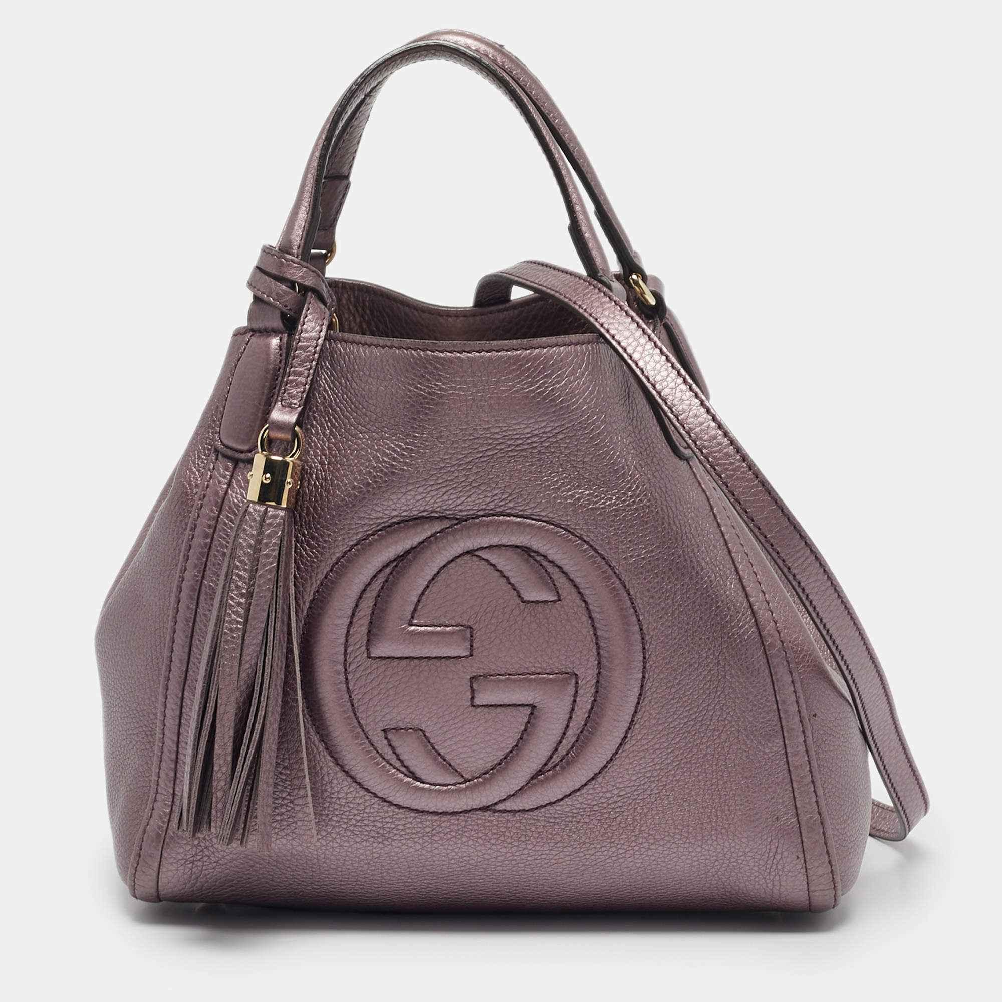 Pre Owned Gucci Metallic Purple Leather Small Soho Working Tote