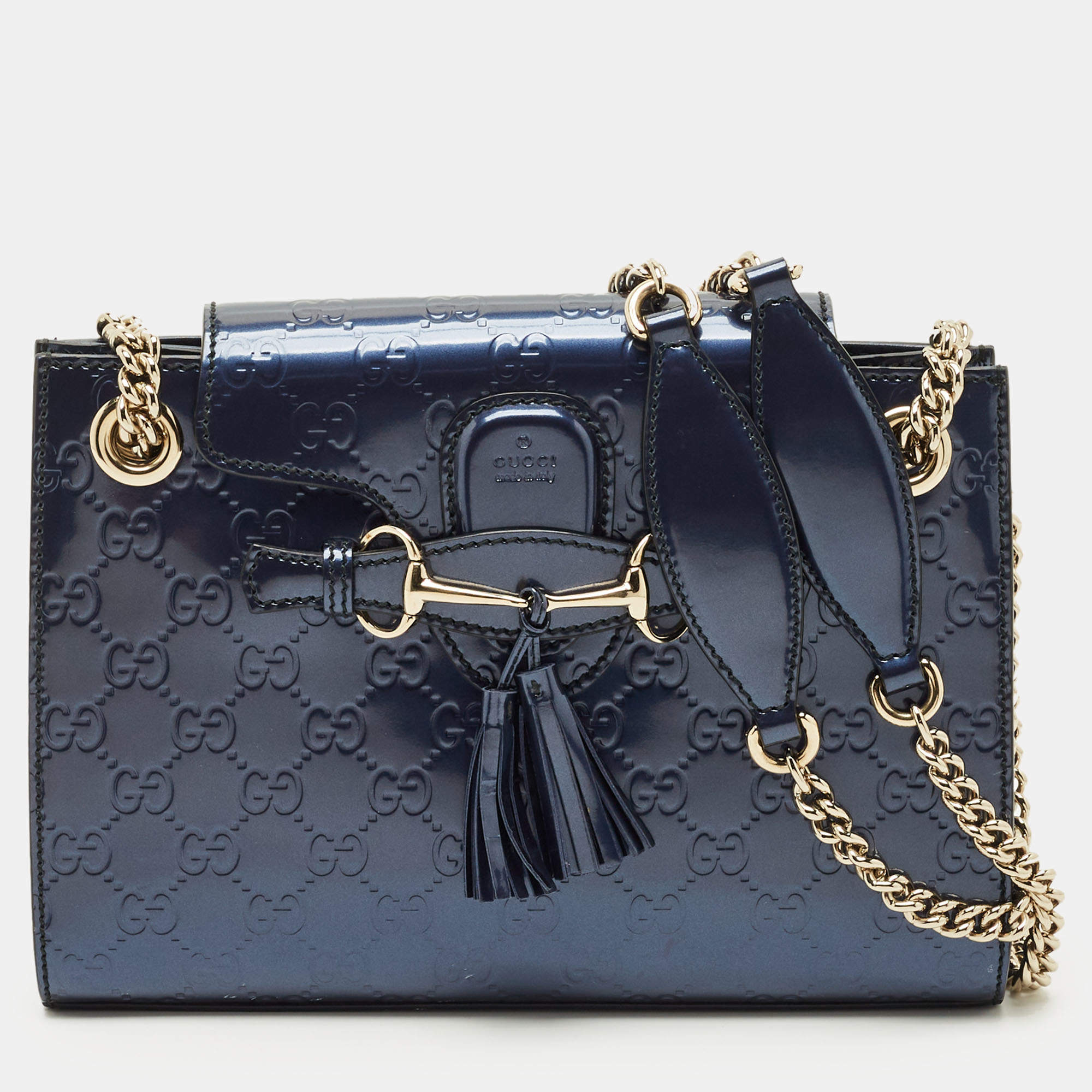 Pre Owned Gucci Navy Blue Guccissima Patent Leather Small Emily Chain Shoulder Bag