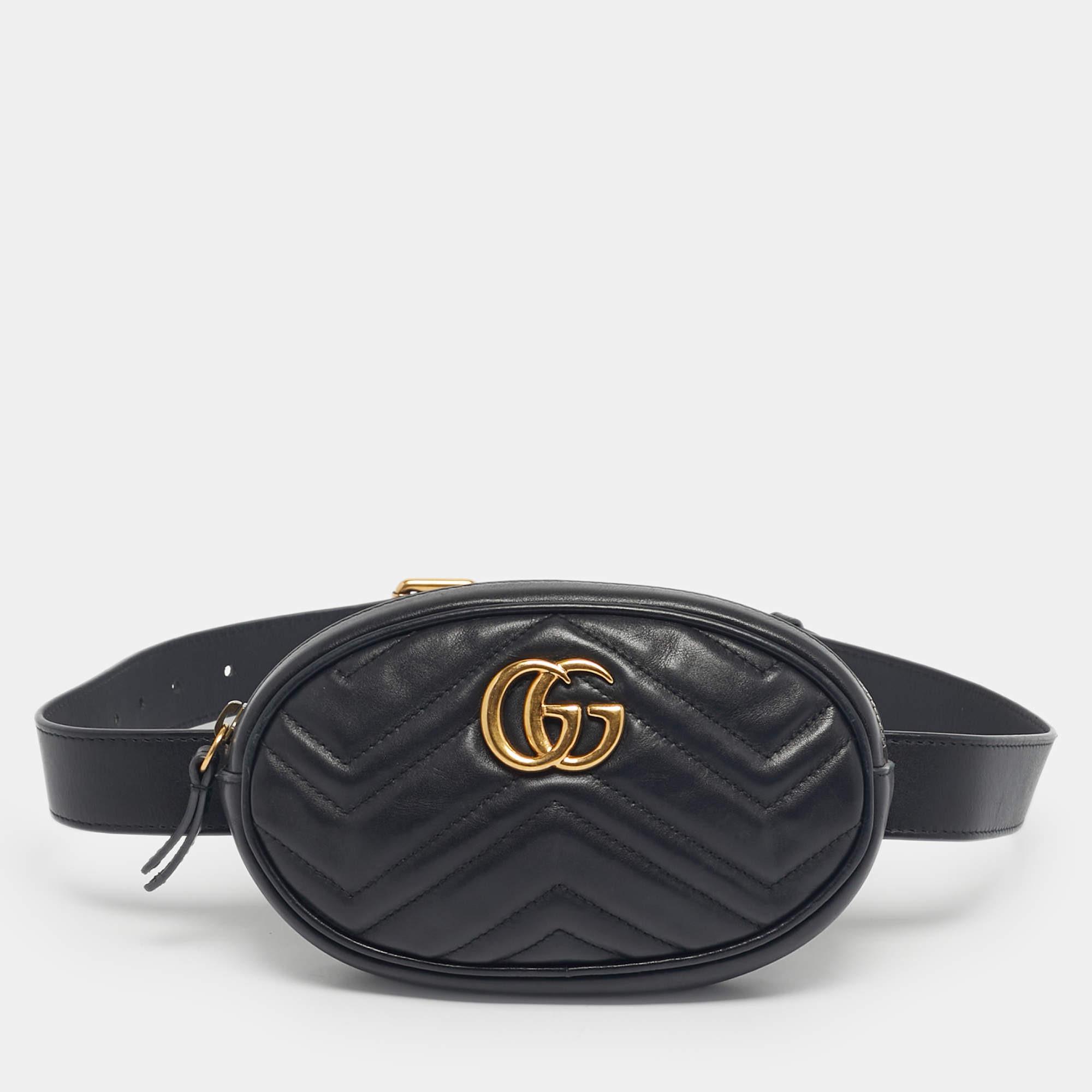 Pre Owned Gucci Black Matelassé Leather GG Marmont Belt Bag