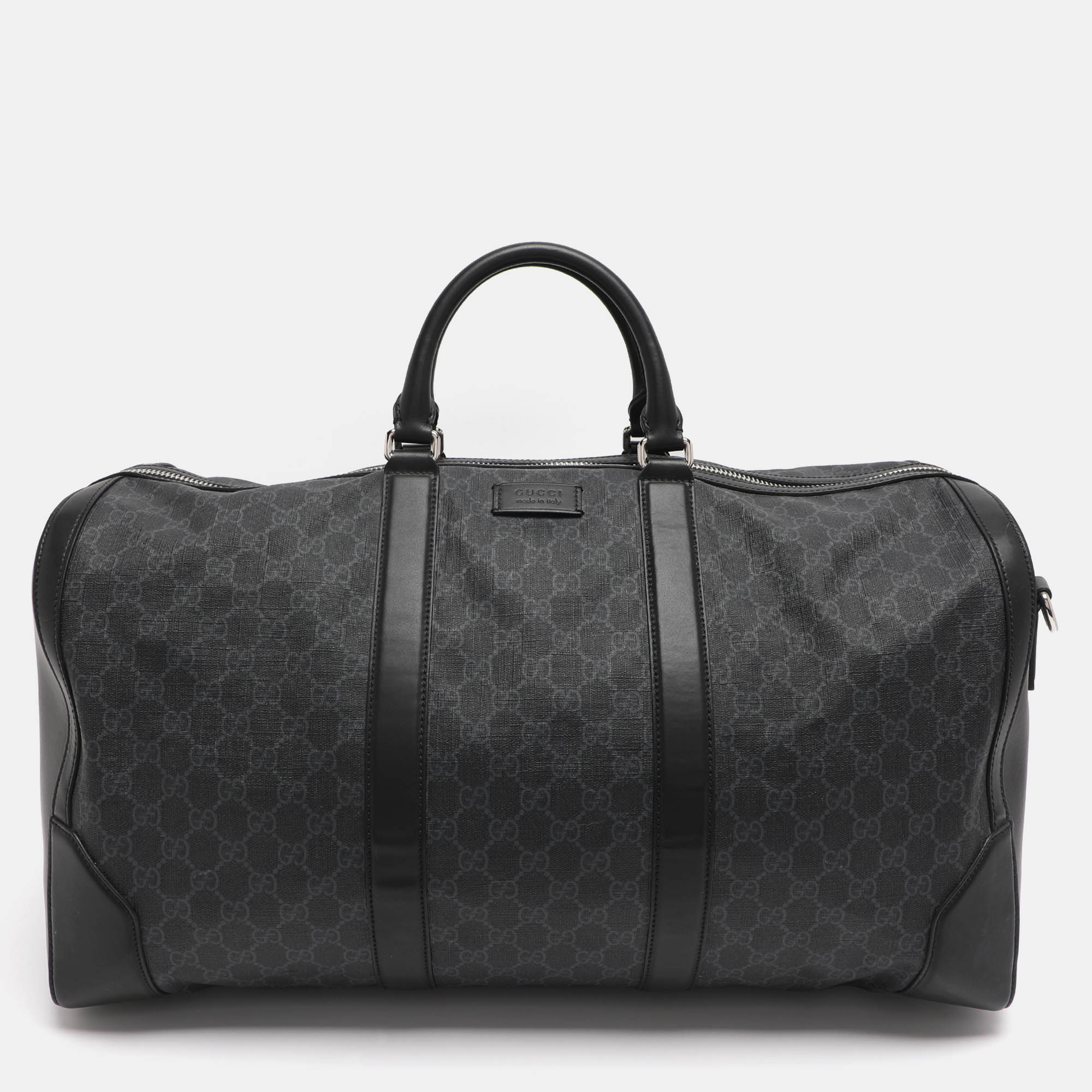 Pre Owned Gucci Black Soft GG Supreme Canvas and Leather Carry On Duffel Bag