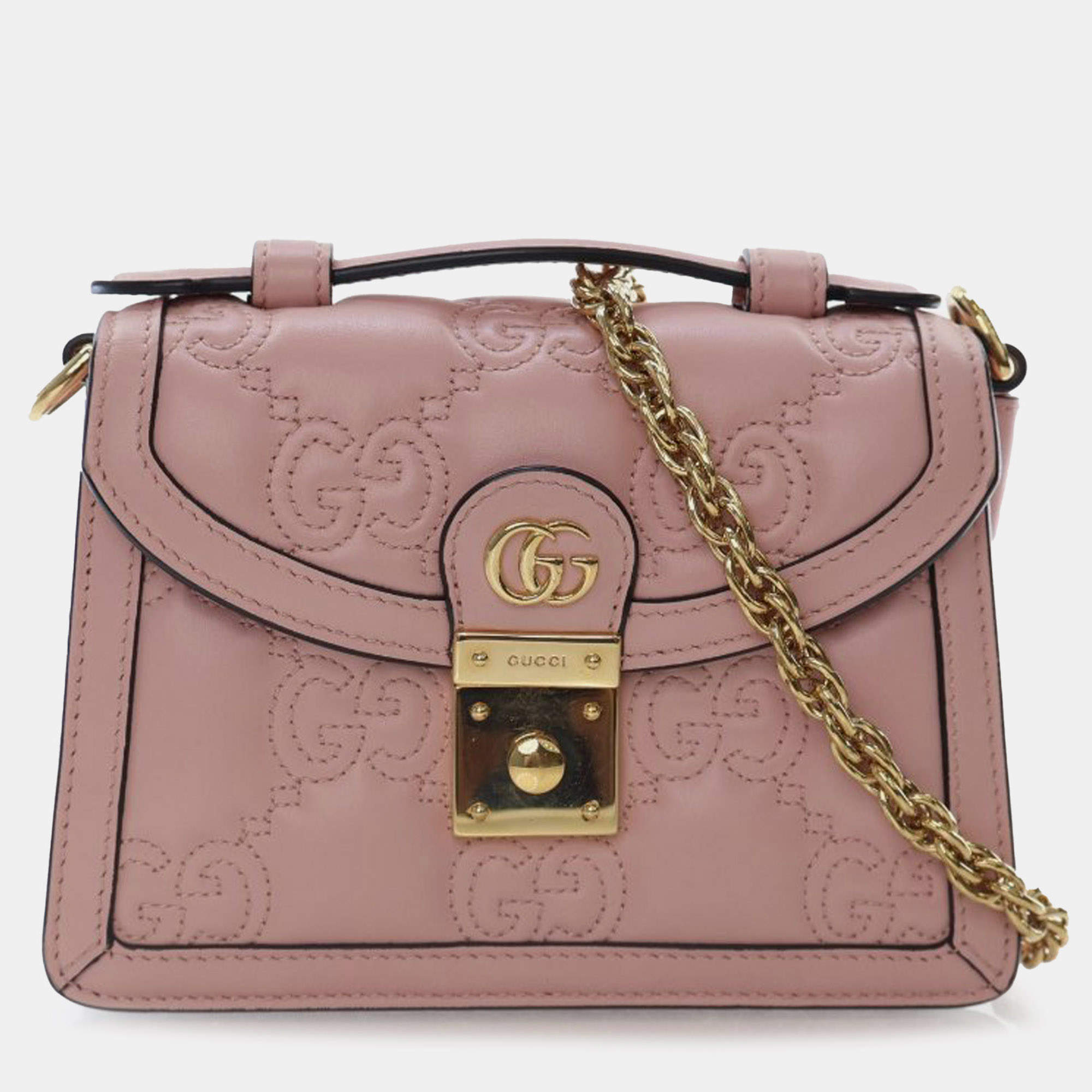 Pre Owned Gucci Pink Small GG Matelasse Leather Top Handle Bag