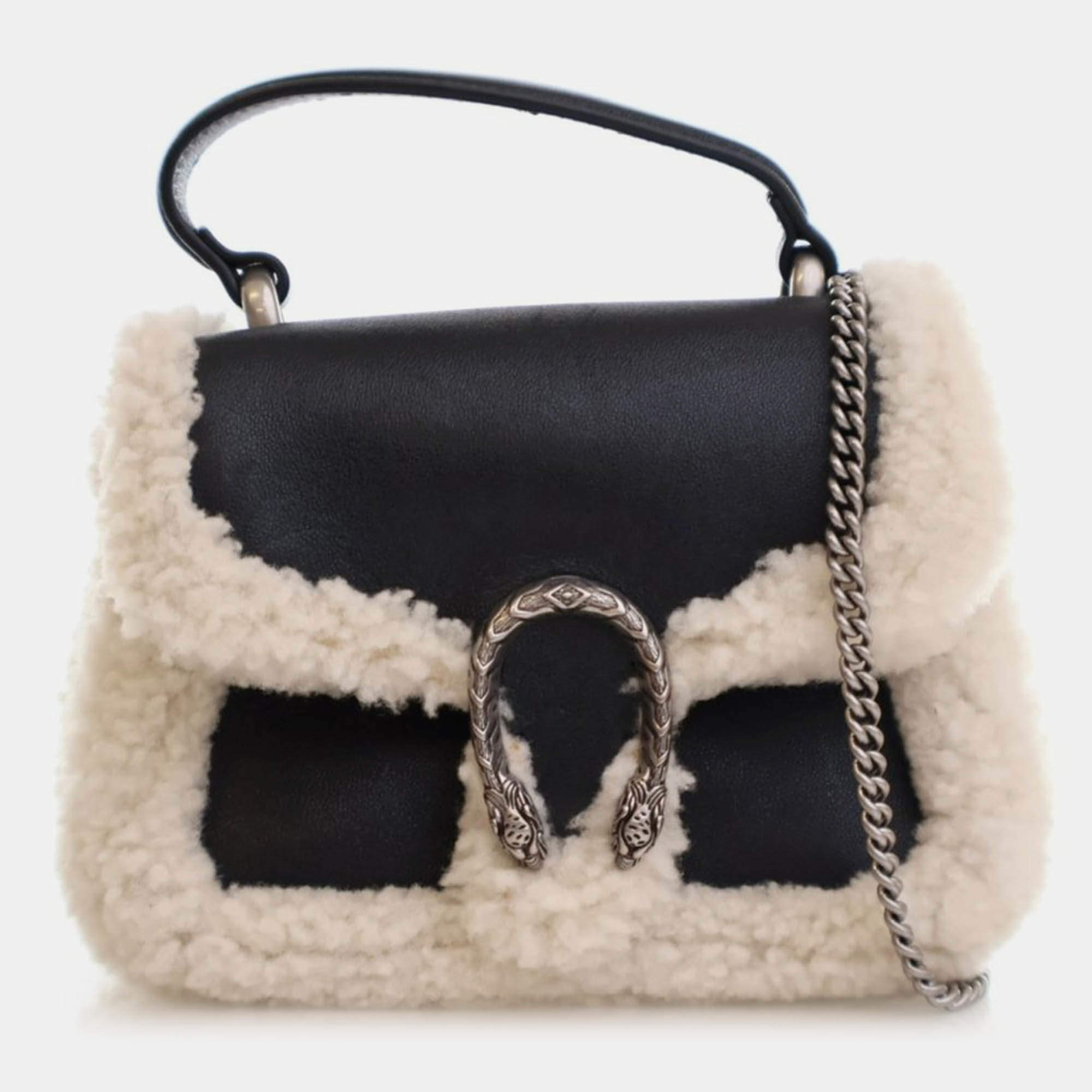 Pre Owned Gucci Mini Beige/Black Calf Leather Shearling Dionysus Top Handle