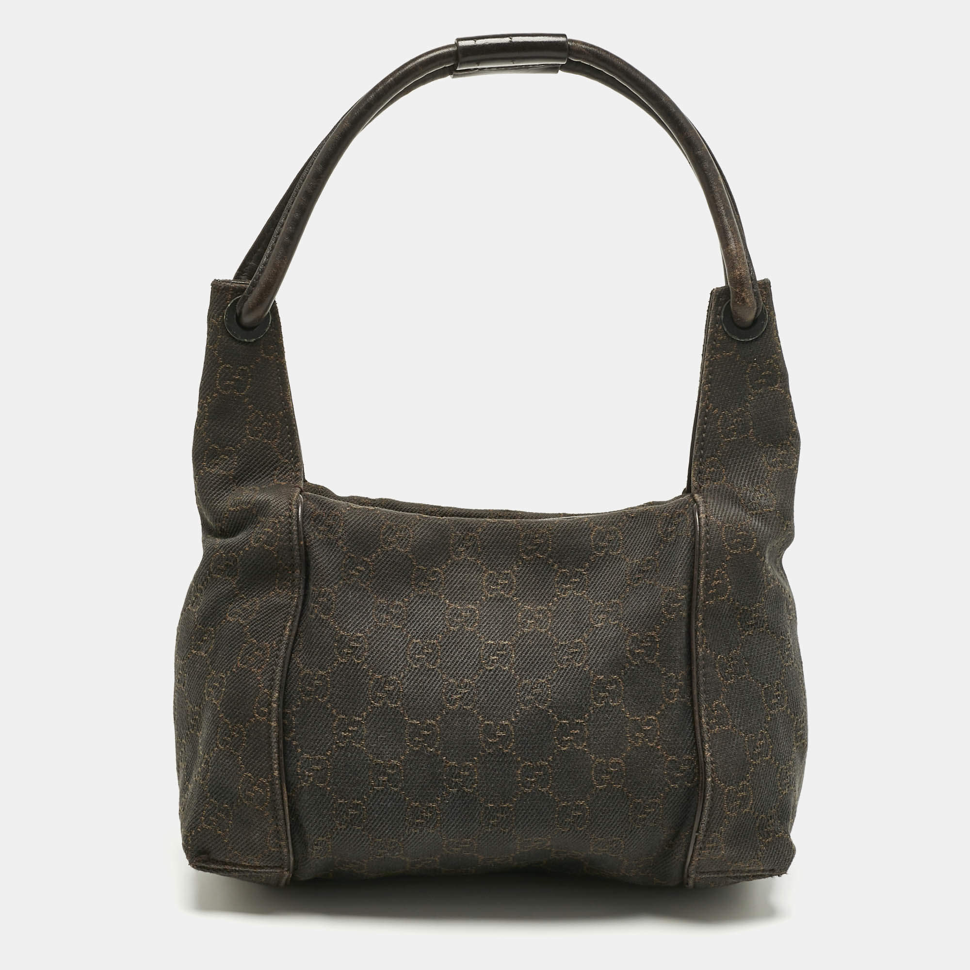 Pre Owned Gucci Dark Brown GG Canvas and Leather Zip Shoulder Bag