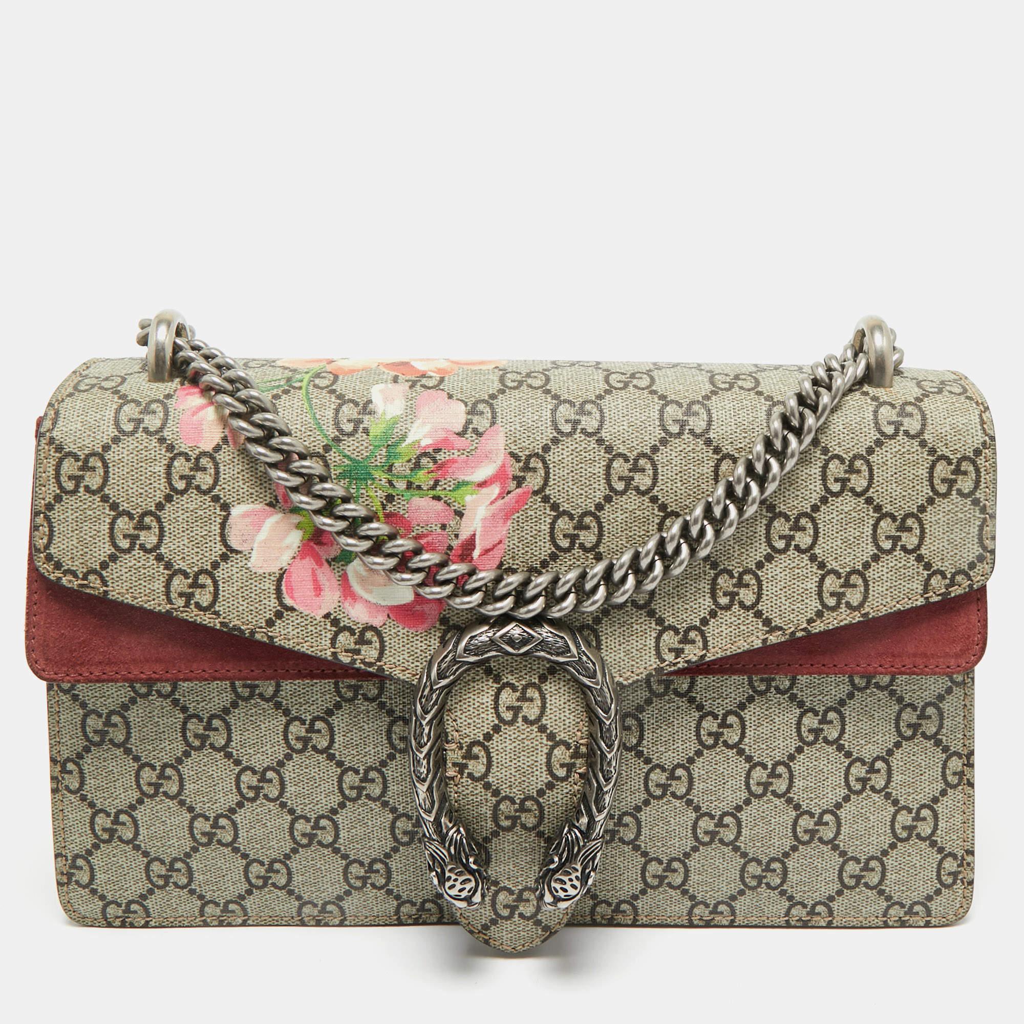 Pre Owned Gucci Old Rose/Beige GG Supreme Canvas and Suede Small Dionysus Blooms Shoulder Bag