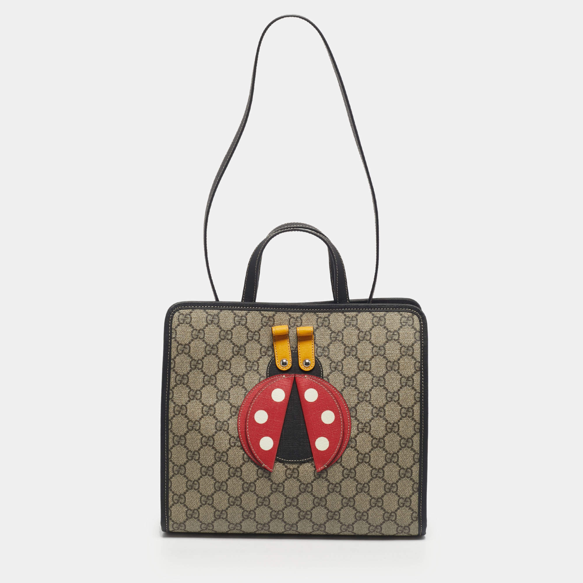 Pre Owned Gucci Kid's Choco Brown/Beige GG Supreme Canvas Lady Bug Tote