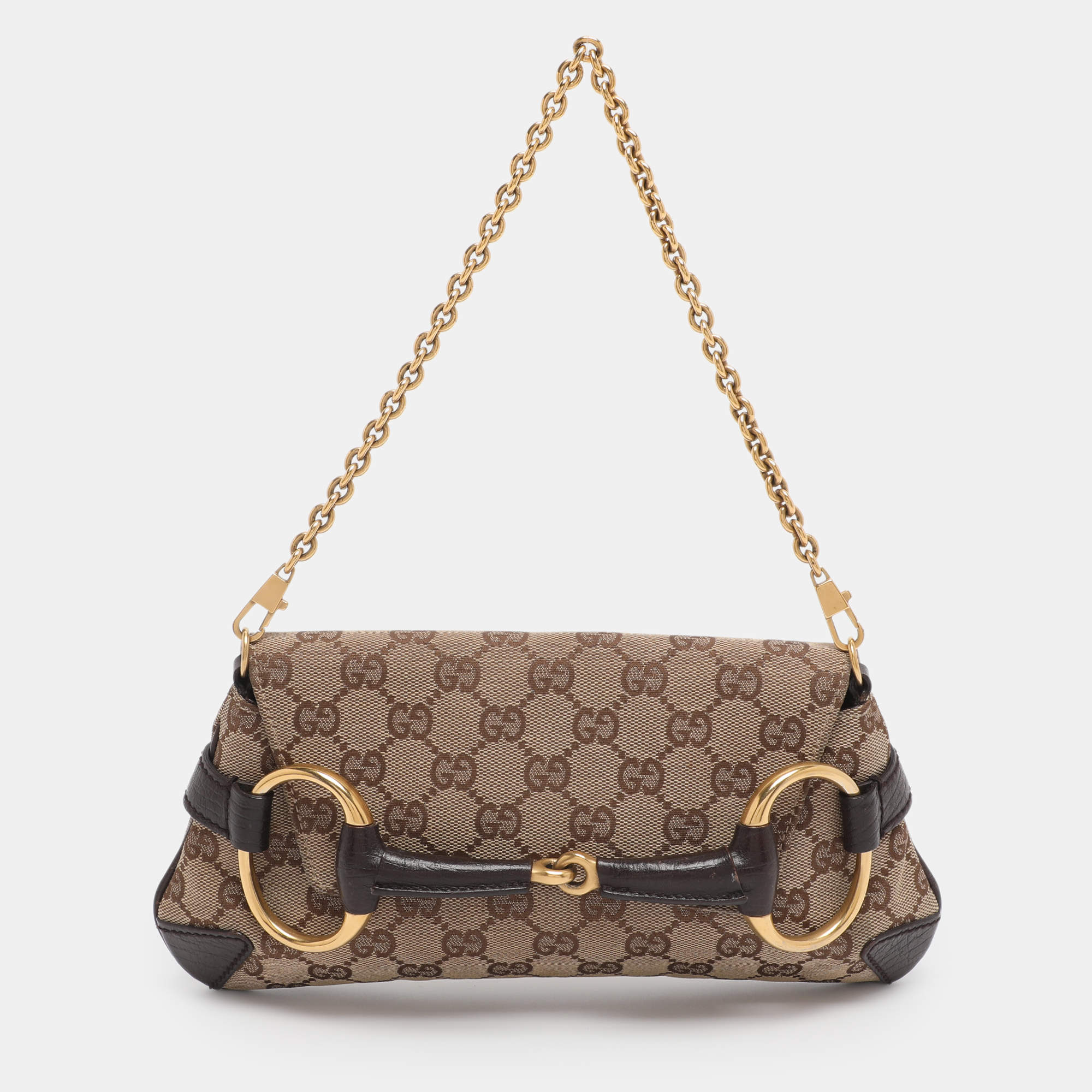 Pre Owned Gucci Beige GG Canvas and Leather Horsebit Chain Clutch