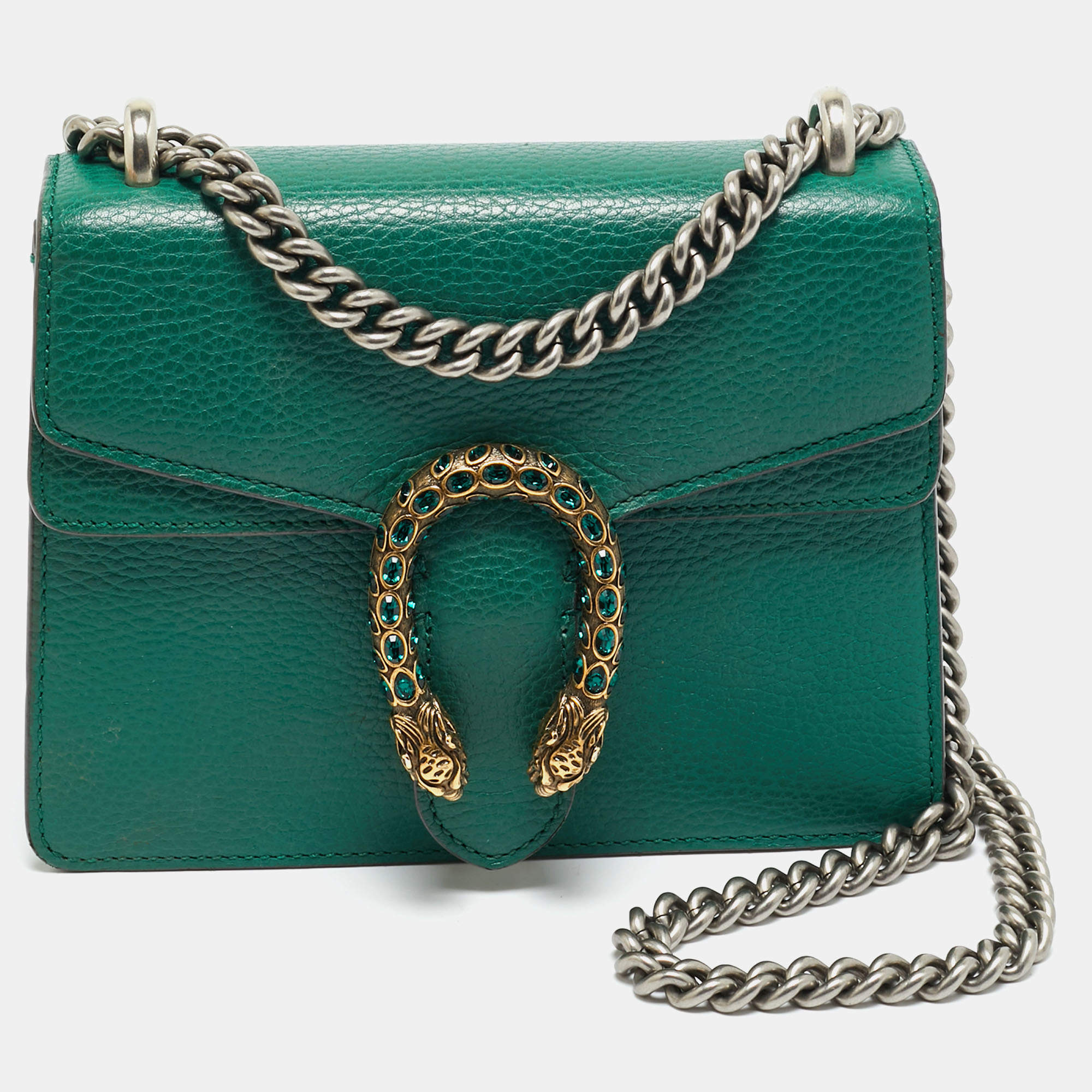 Pre Owned Gucci Green Leather Mini Crystal Dionysus Shoulder Bag