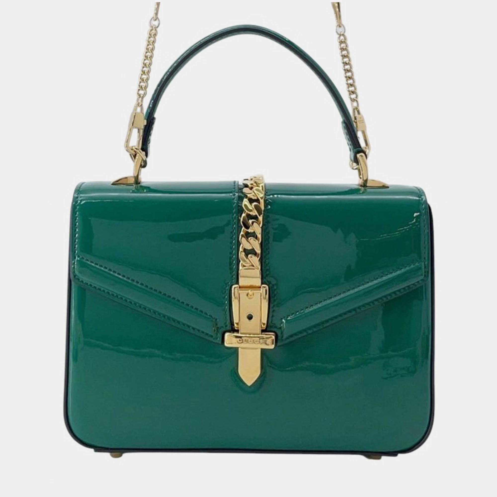Pre Owned Gucci Green Mini Patent Sylvie 1969 Top Handle Bag