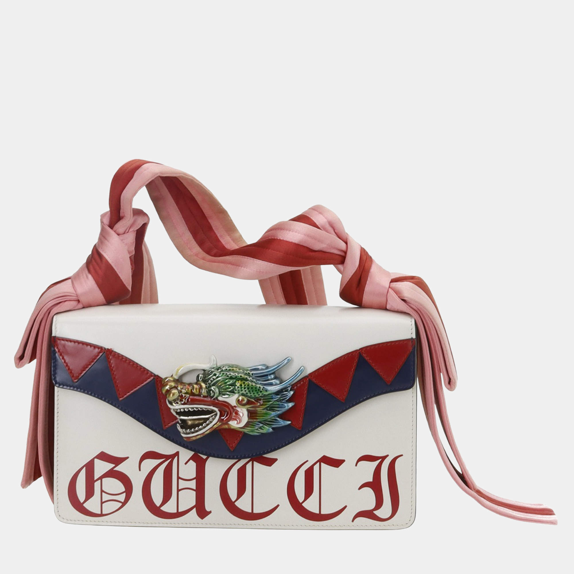 Pre Owned Gucci White Leather Satin Naga Dragon Head Shoulder Bag