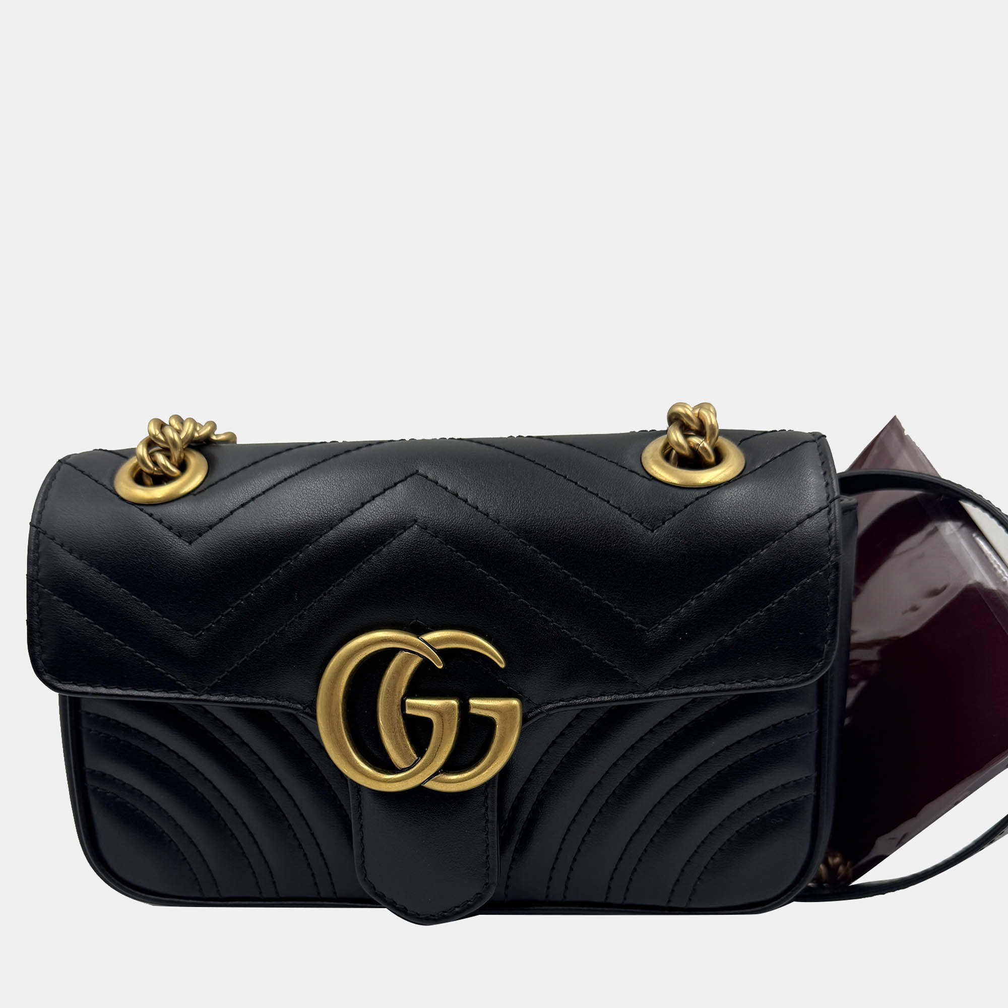 Pre Owned Gucci Black Matelasse Leather Mini GG Marmont Flap Shoulder Bag