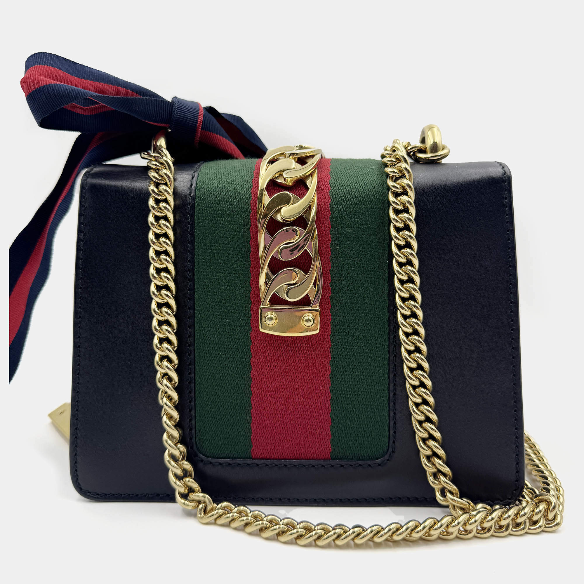 Pre Owned Gucci Black Leather Mini Web Chain Sylvie Shoulder Bag