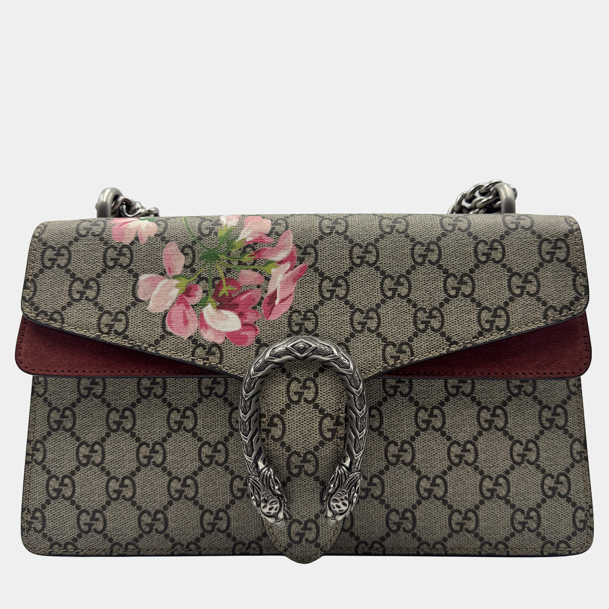 Pre Owned Gucci Rose/Beige GG Supreme Canvas and Suede Small Dionysus Blooms Shoulder Bag